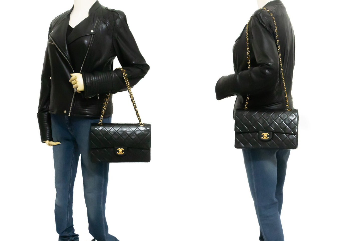 CHANEL Classic Double Flap 10" Chain Shoulder Bag Black Lambskin ak9 hannari-shop
