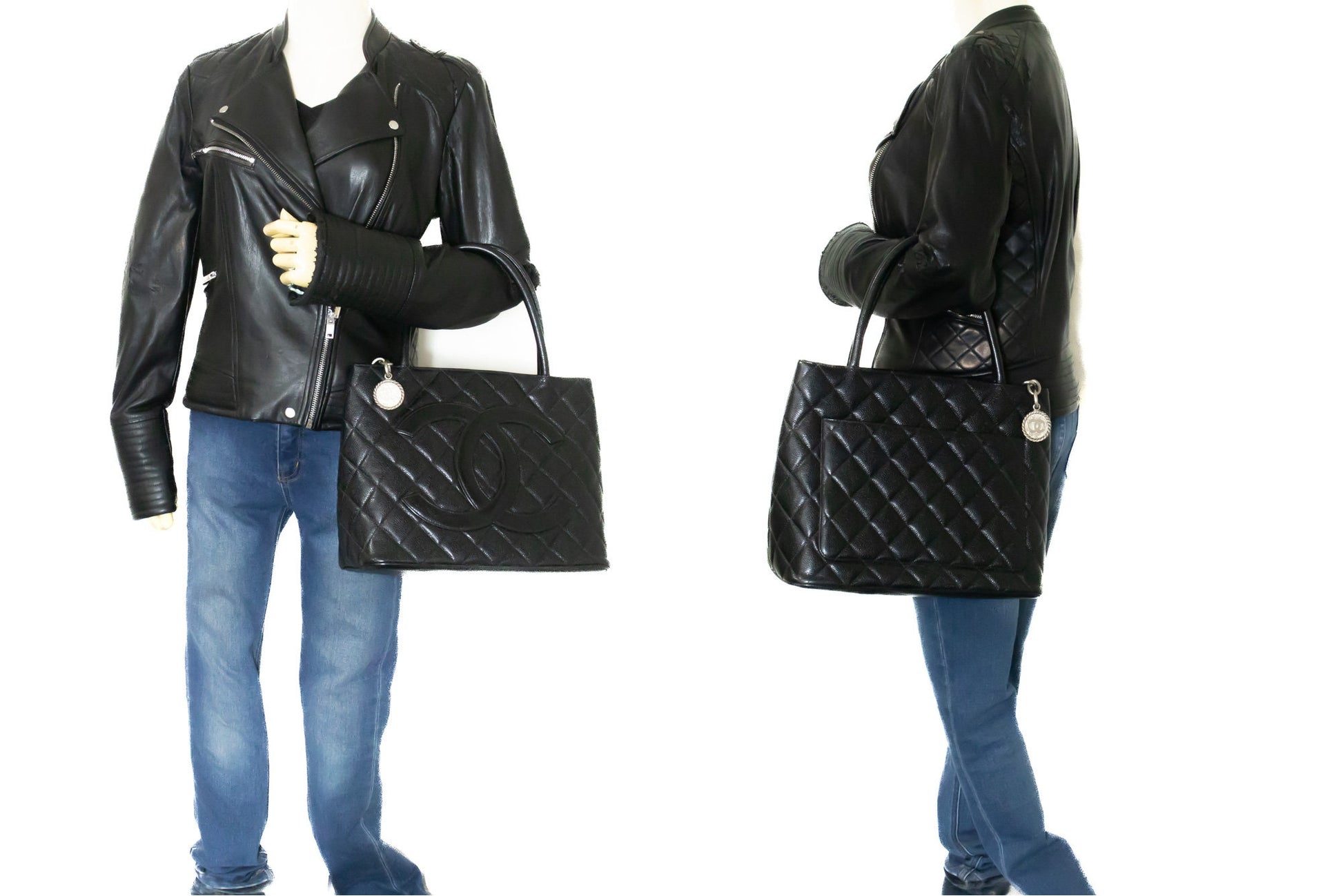 CHANEL Silver Medallion Caviar Shoulder Bag Shopping Tote Black SV n42 hannari-shop
