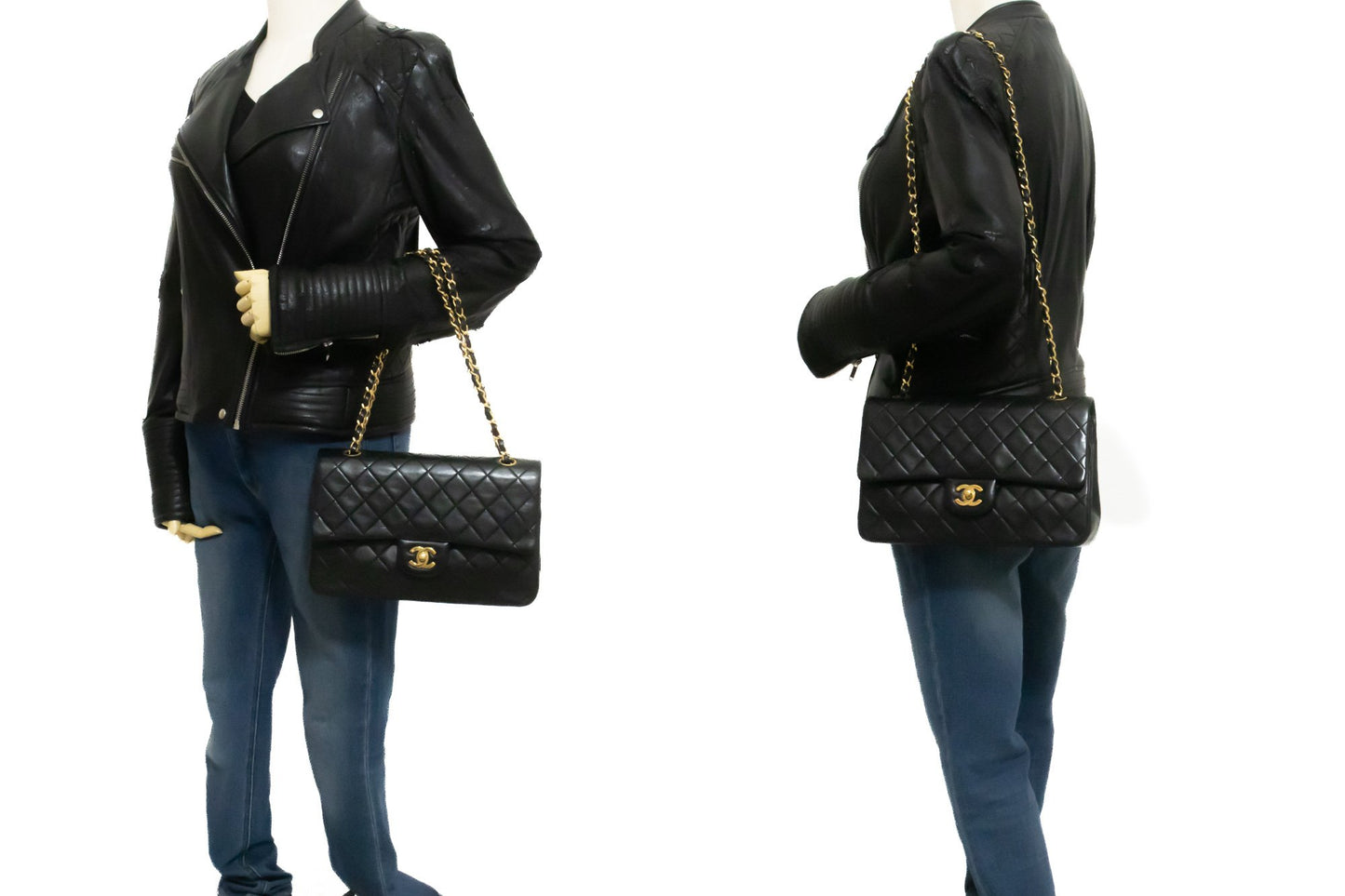 CHANEL Classic Double Flap 10" Chain Shoulder Bag Black Lambskin ak7 hannari-shop