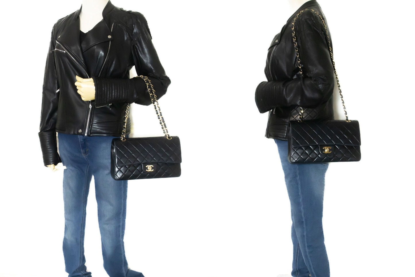 CHANEL Classic Double Flap 10" Chain Shoulder Bag Black Lambskin ac9 hannari-shop