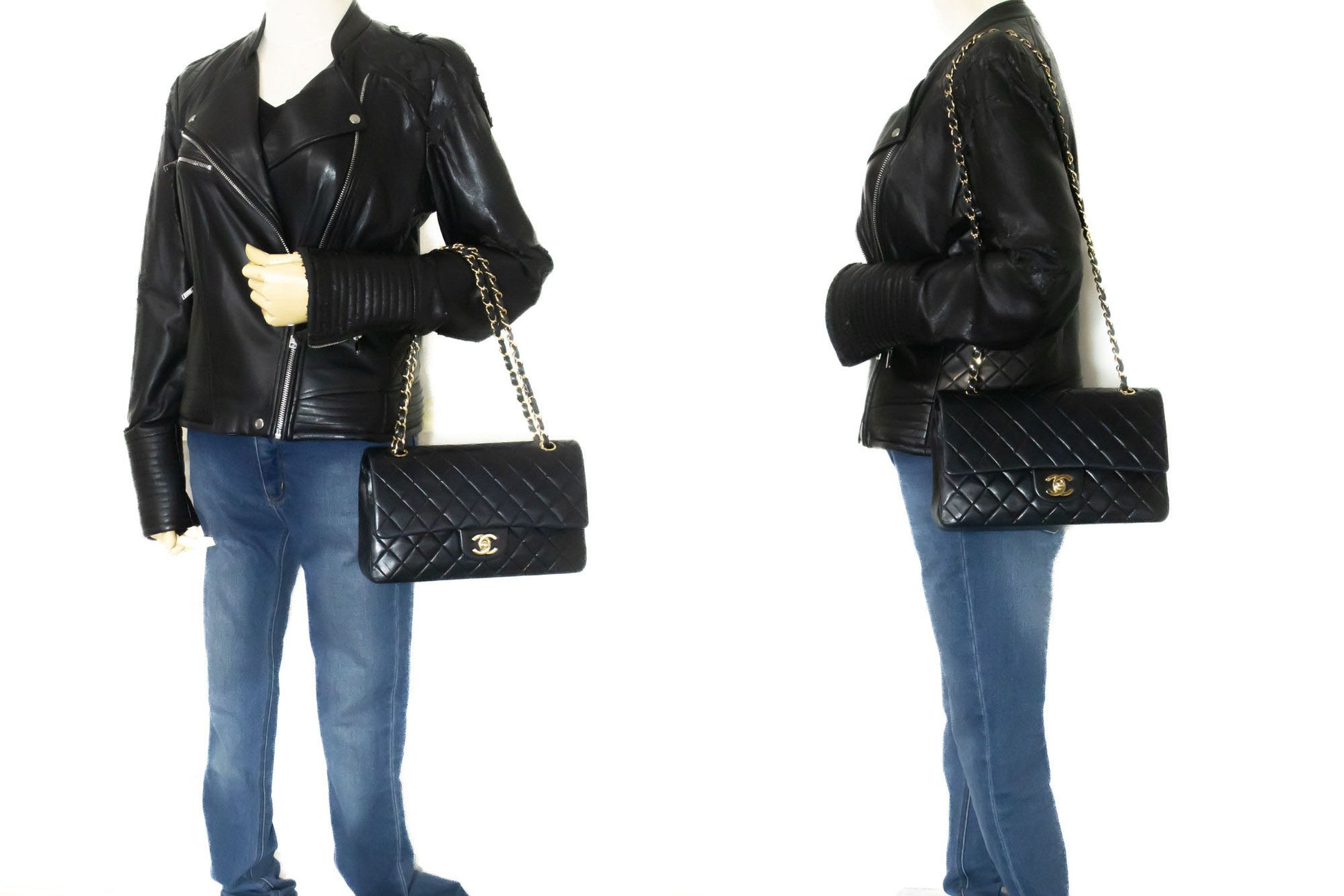 CHANEL Classic Double Flap 10" Chain Shoulder Bag Black Lambskin ac9 hannari-shop