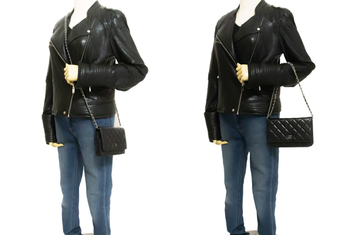 CHANEL Black Classic Wallet On Chain WOC Shoulder Bag Lambskin SV ap8 — on mannequin hannari-shop