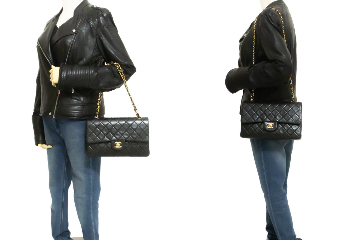 CHANEL Classic Double Flap 10" Chain Shoulder Bag Black Lambskin ap6 — on mannequin hannari-shop