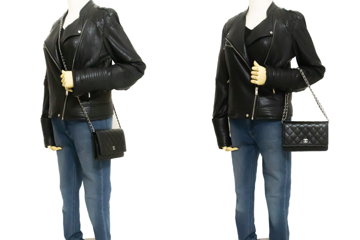 CHANEL Black Classic Wallet On Chain WOC Shoulder Bag Lambskin ap5 — on mannequin hannari-shop