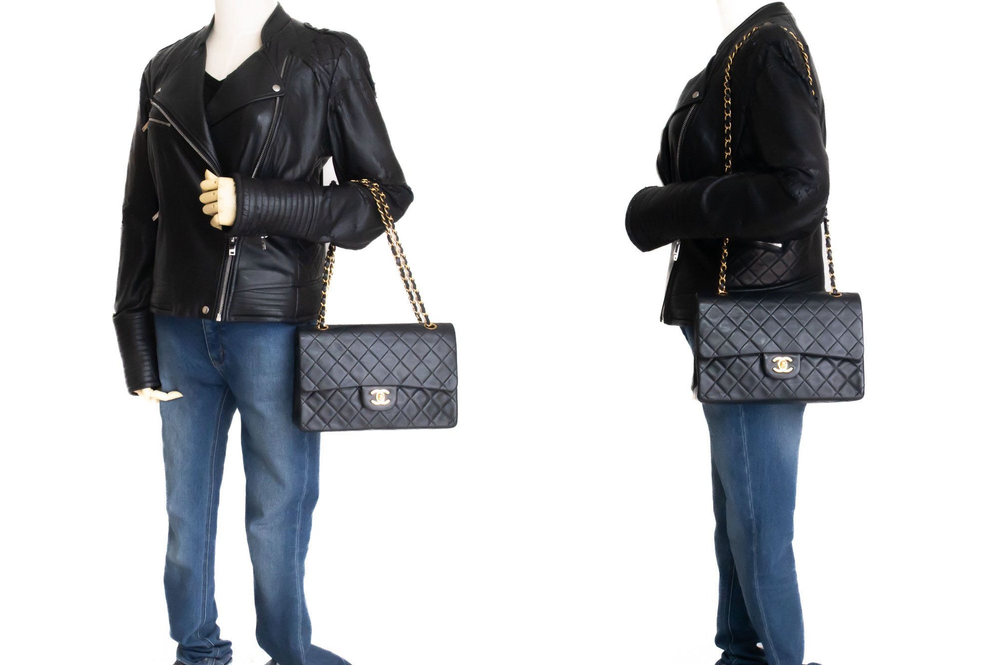 CHANEL Classic Double Flap 10" Chain Shoulder Bag Black Lambskin ag1 hannari-shop