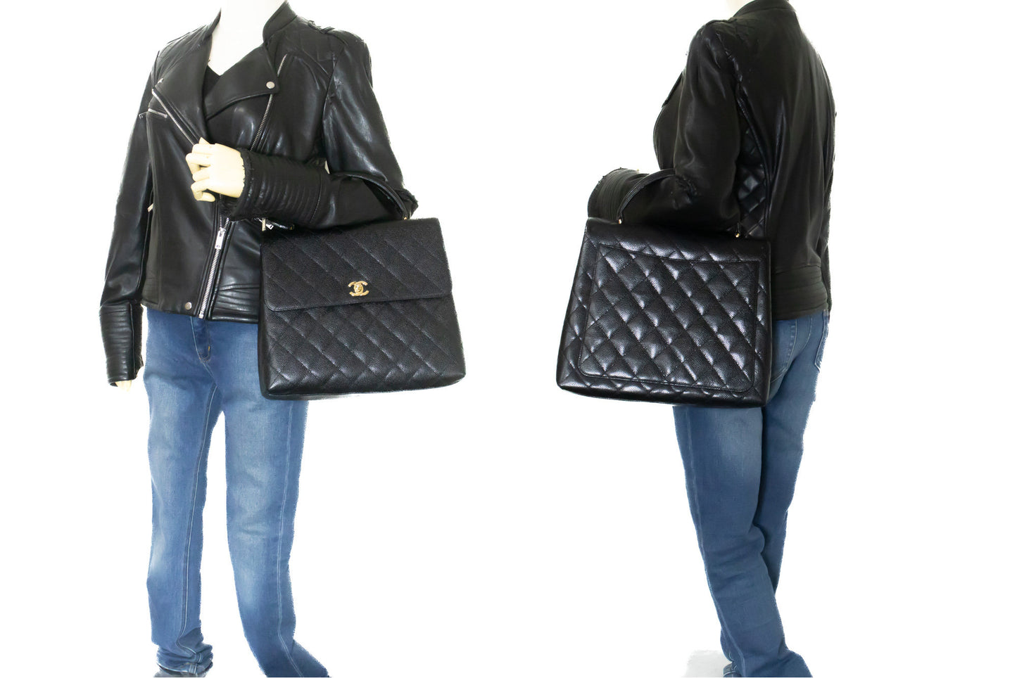 CHANEL Caviar Handbag Top Handle Bag Kelly Black Flap Leather Gold n63 hannari-shop