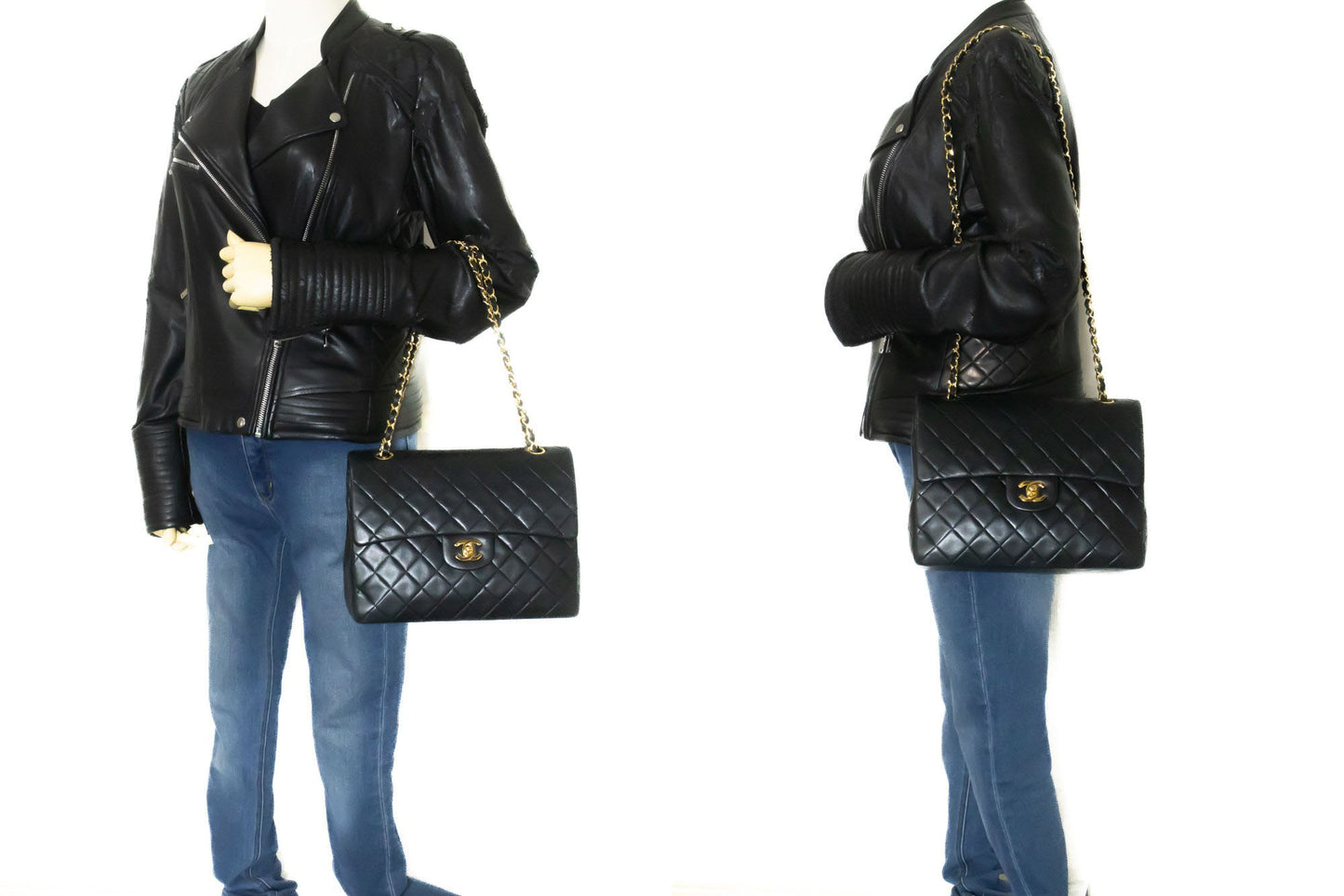 CHANEL Classic Double Flap Square Chain Shoulder Bag Black Lamb ad1 hannari-shop