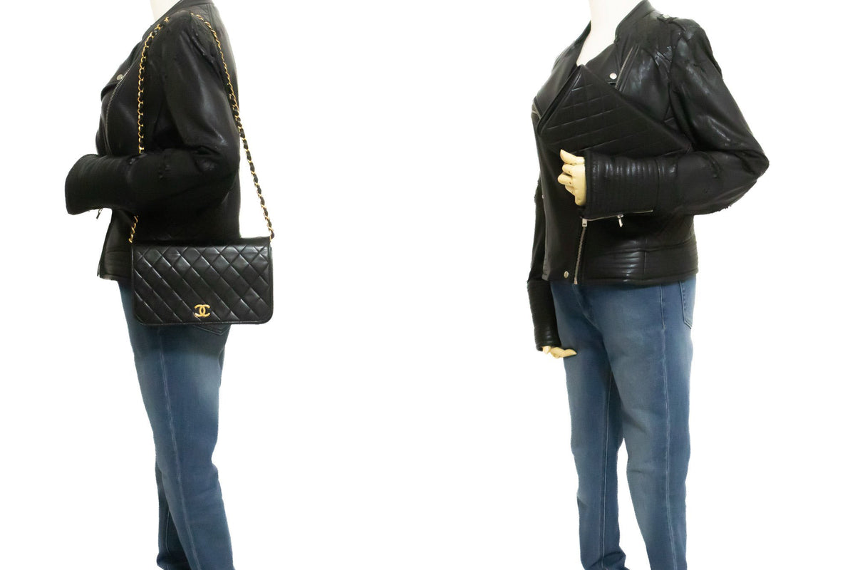 CHANEL Full Flap Chain Shoulder Bag Clutch Black Quilted Lambskin ao4 — on mannequin hannari-shop