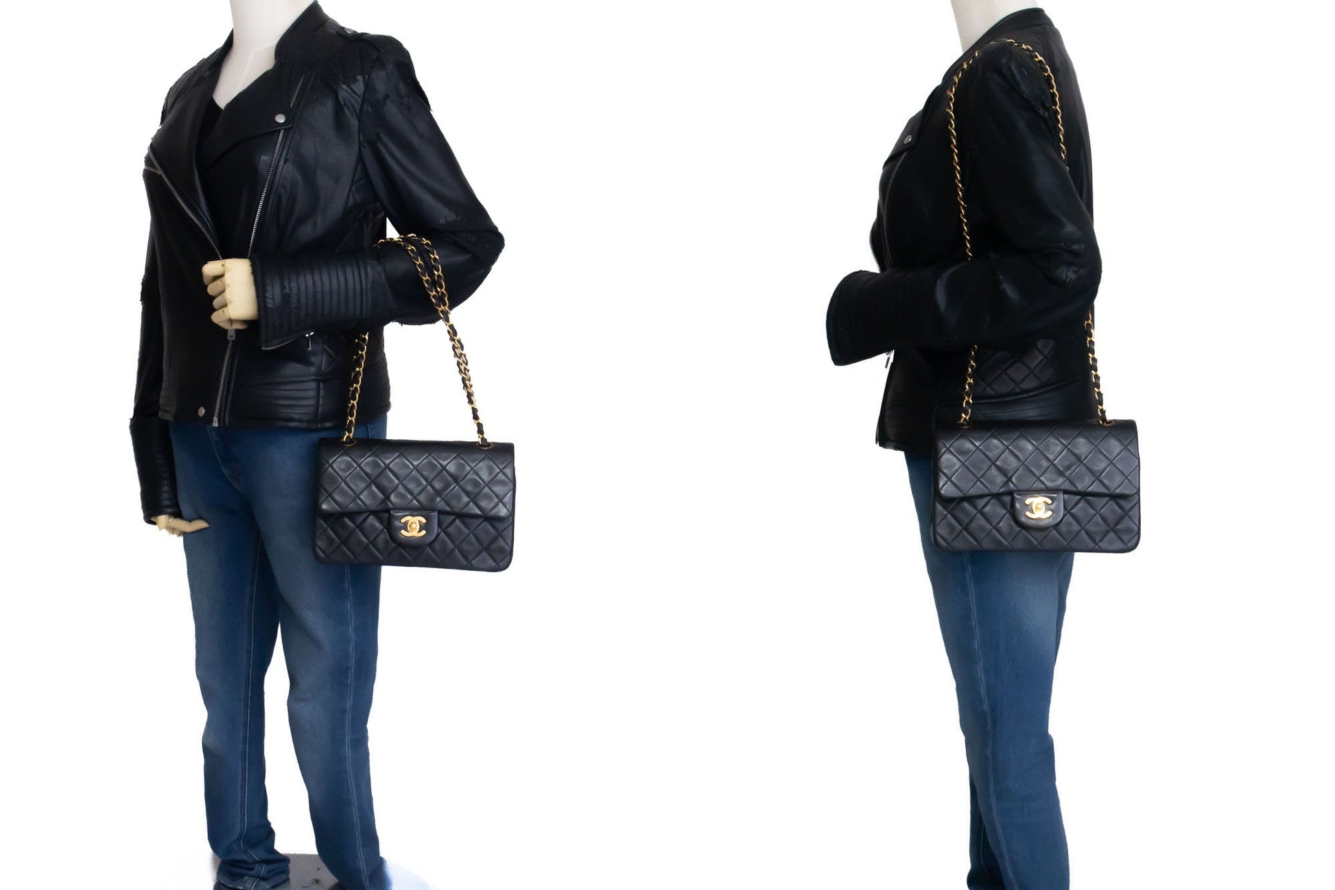 CHANEL Classic Double Flap 9" Chain Shoulder Bag Black Lambskin ah3 hannari-shop