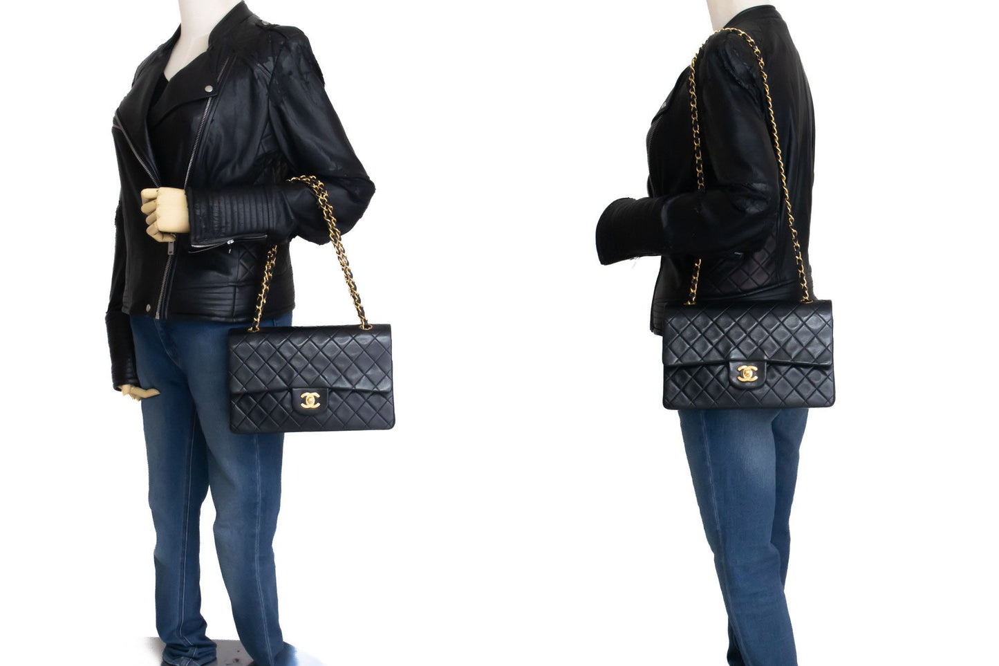 CHANEL Classic Double Flap 10" Chain Shoulder Bag Black Lambskin aj9 hannari-shop