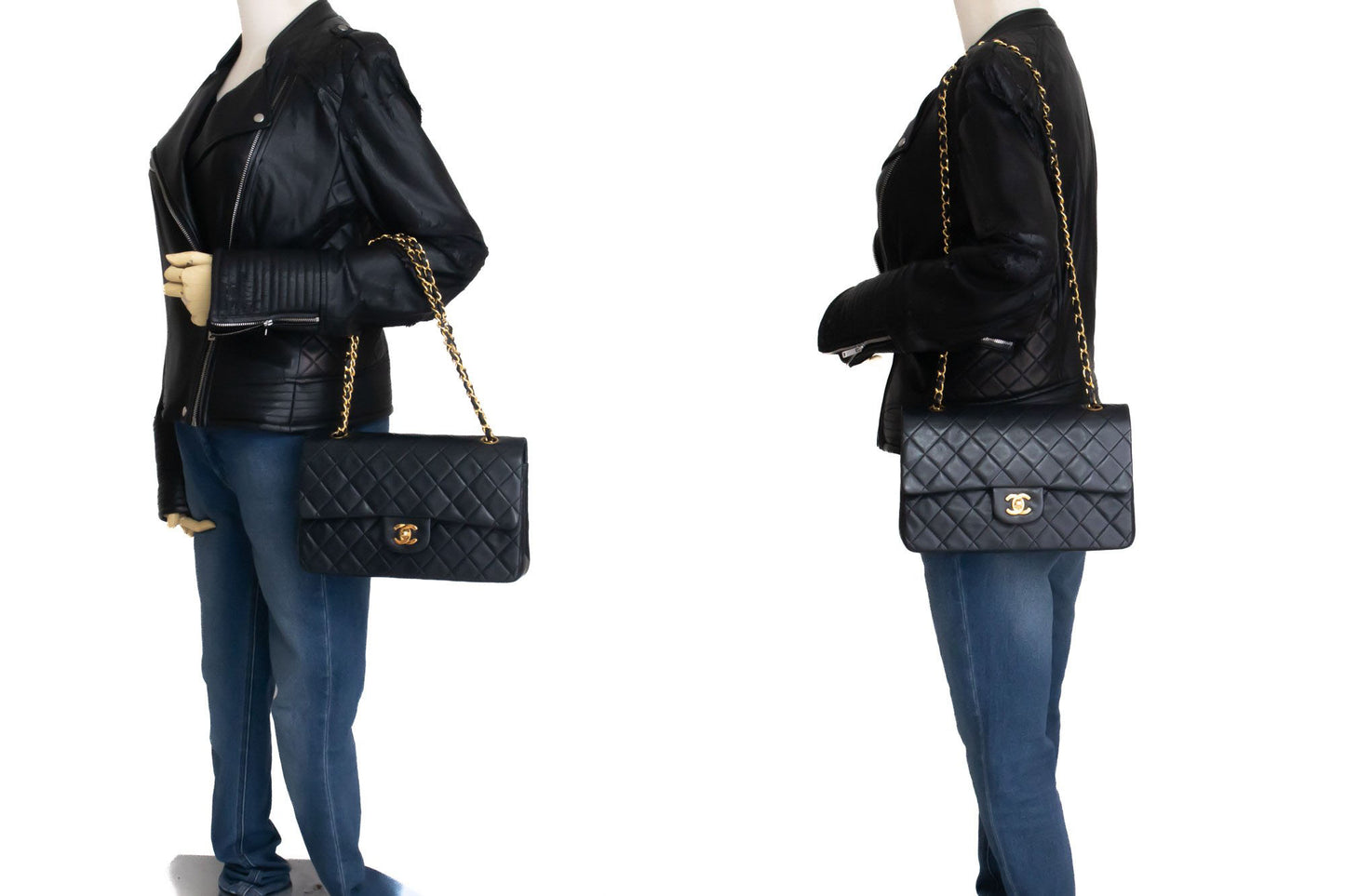 CHANEL Classic Double Flap 10" Chain Shoulder Bag Black Lambskin aj5 hannari-shop