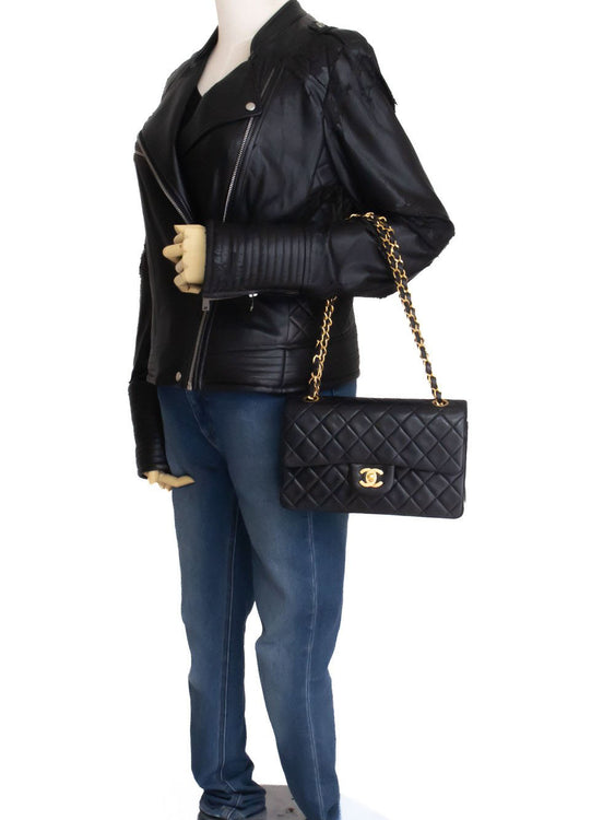 CHANEL Classic Double Flap 9" Chain Shoulder Bag Black Lambskin aj7 hannari-shop
