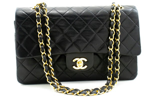 CHANEL Classic Double Flap 10" Chain Shoulder Bag Black Lambskin m19 hannari-shop