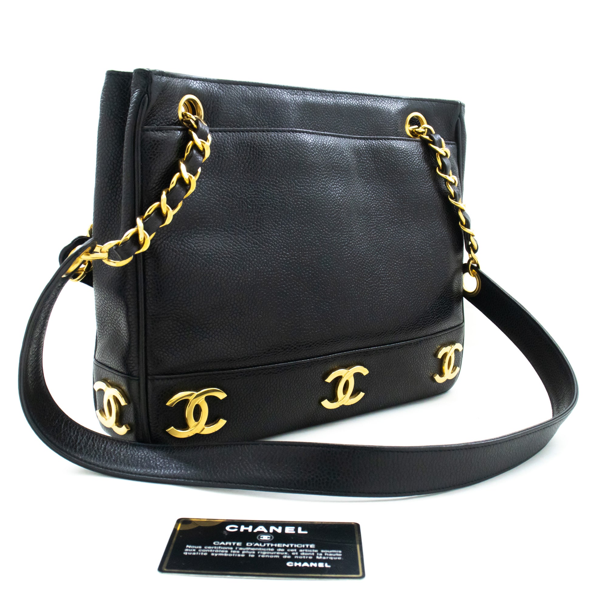 CHANEL Caviar Triple Coco Chain Shoulder Bag Black Leather Gold m25 hannari-shop