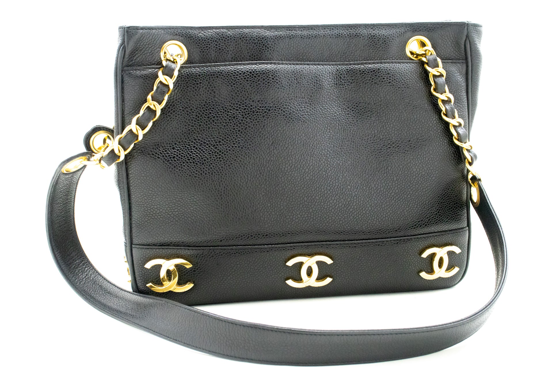 CHANEL Caviar Triple Coco Chain Shoulder Bag Black Leather Gold m25 hannari-shop