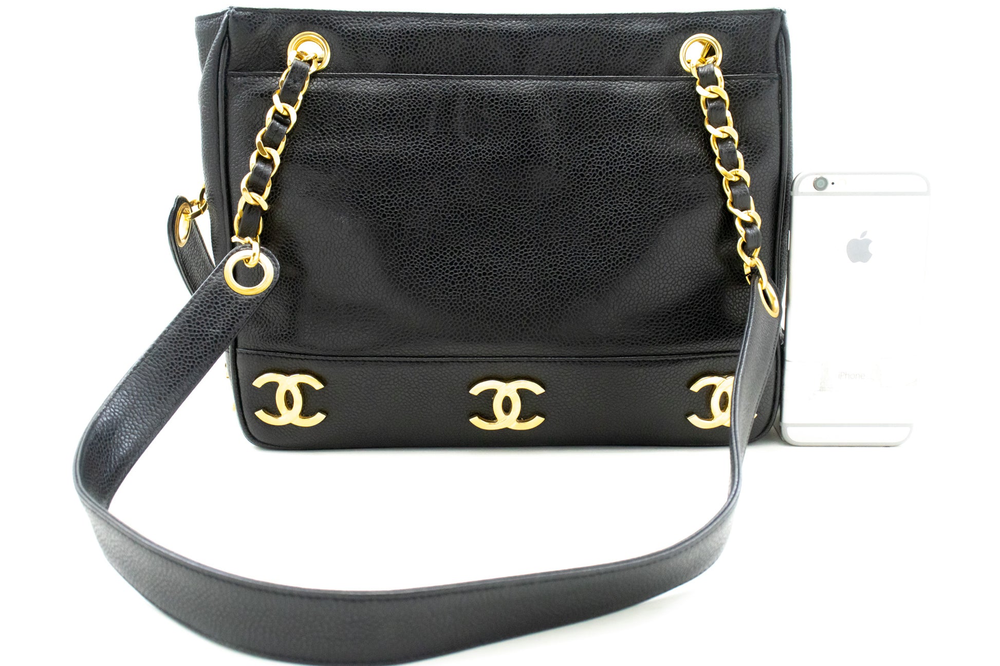 CHANEL Caviar Triple Coco Chain Shoulder Bag Black Leather Gold m25 hannari-shop