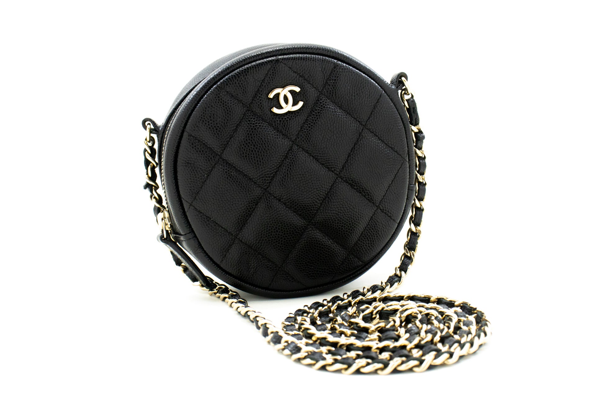 CHANEL Round Zip Caviar Small Chain Shoulder Bag Black Quilted m55 hannari-shop