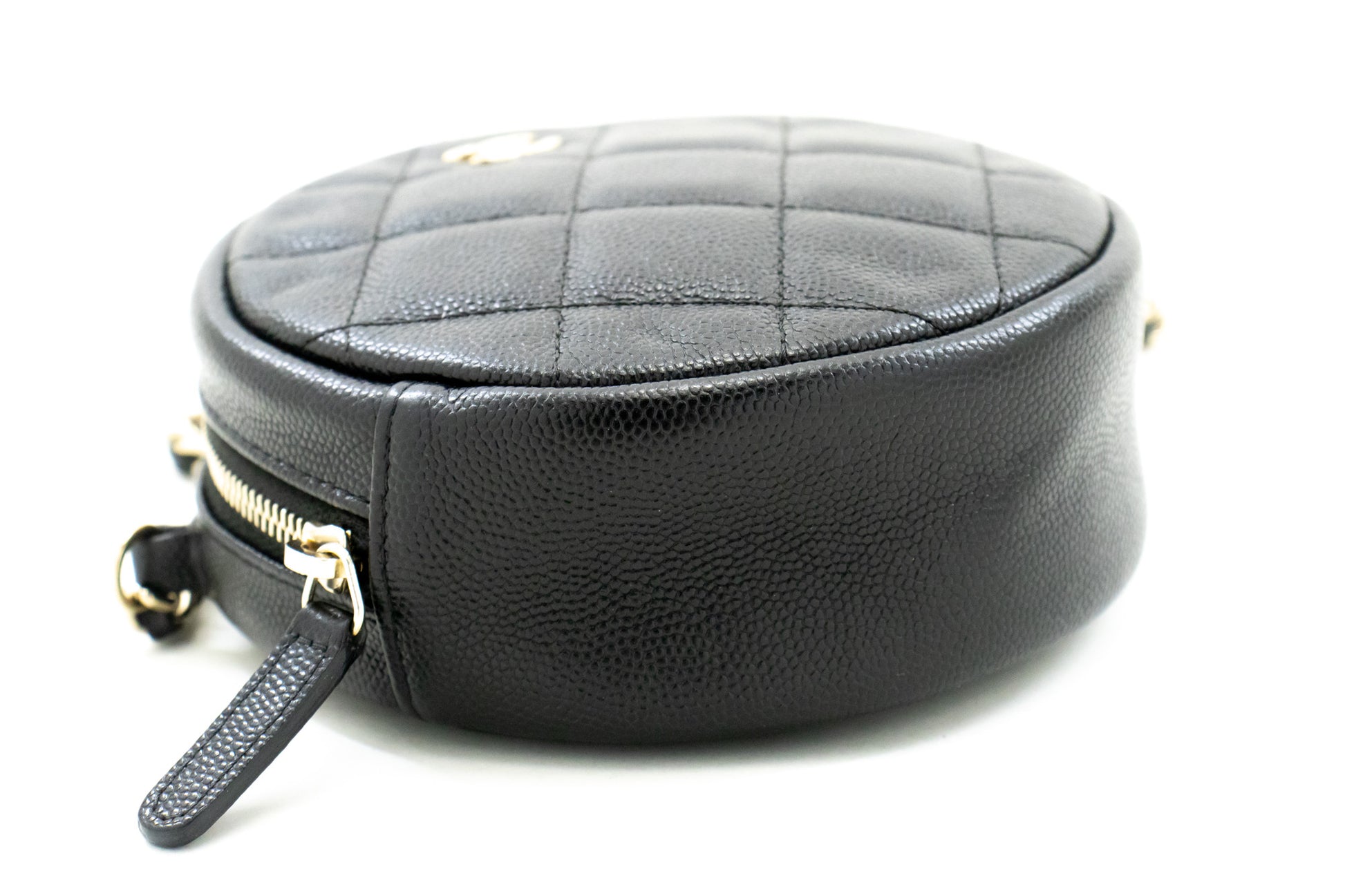 CHANEL Round Zip Caviar Small Chain Shoulder Bag Black Quilted m55 hannari-shop
