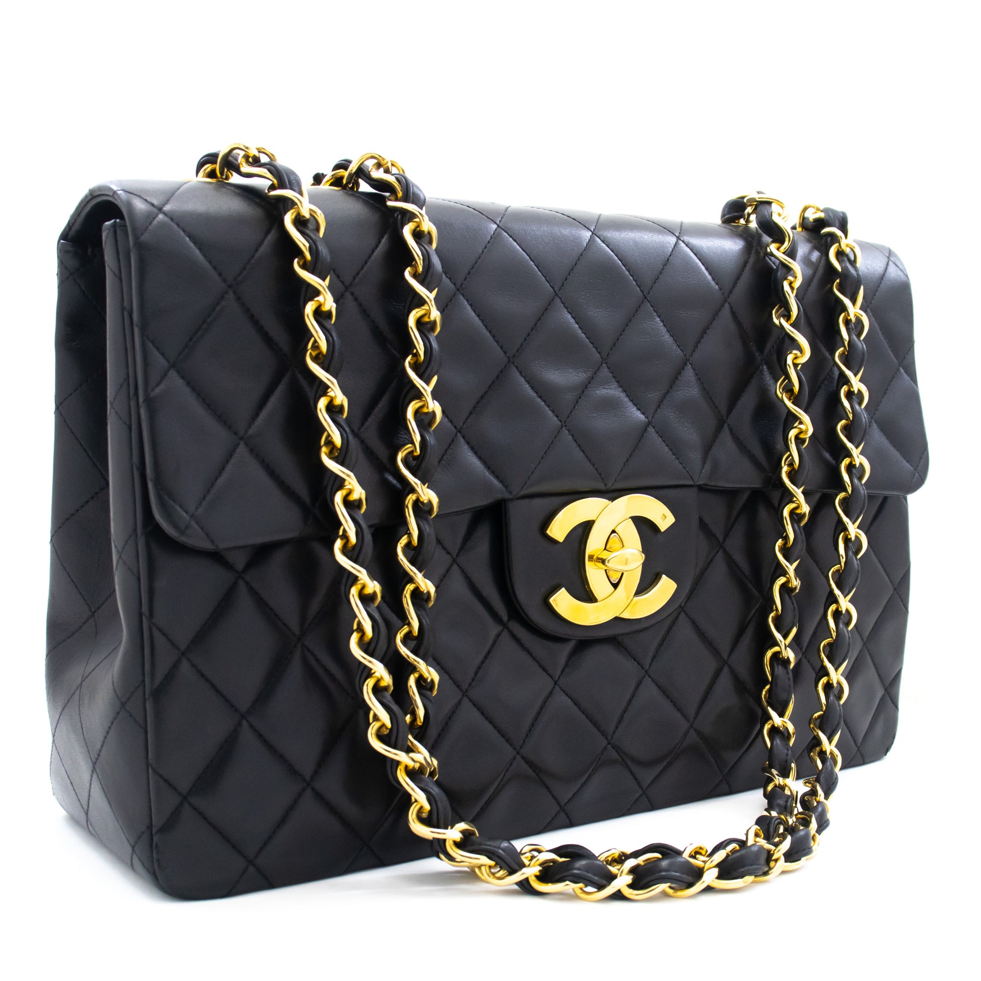 CHANEL Classic Large 13" Flap Chain Shoulder Bag Black Lambskin j74 hannari-shop