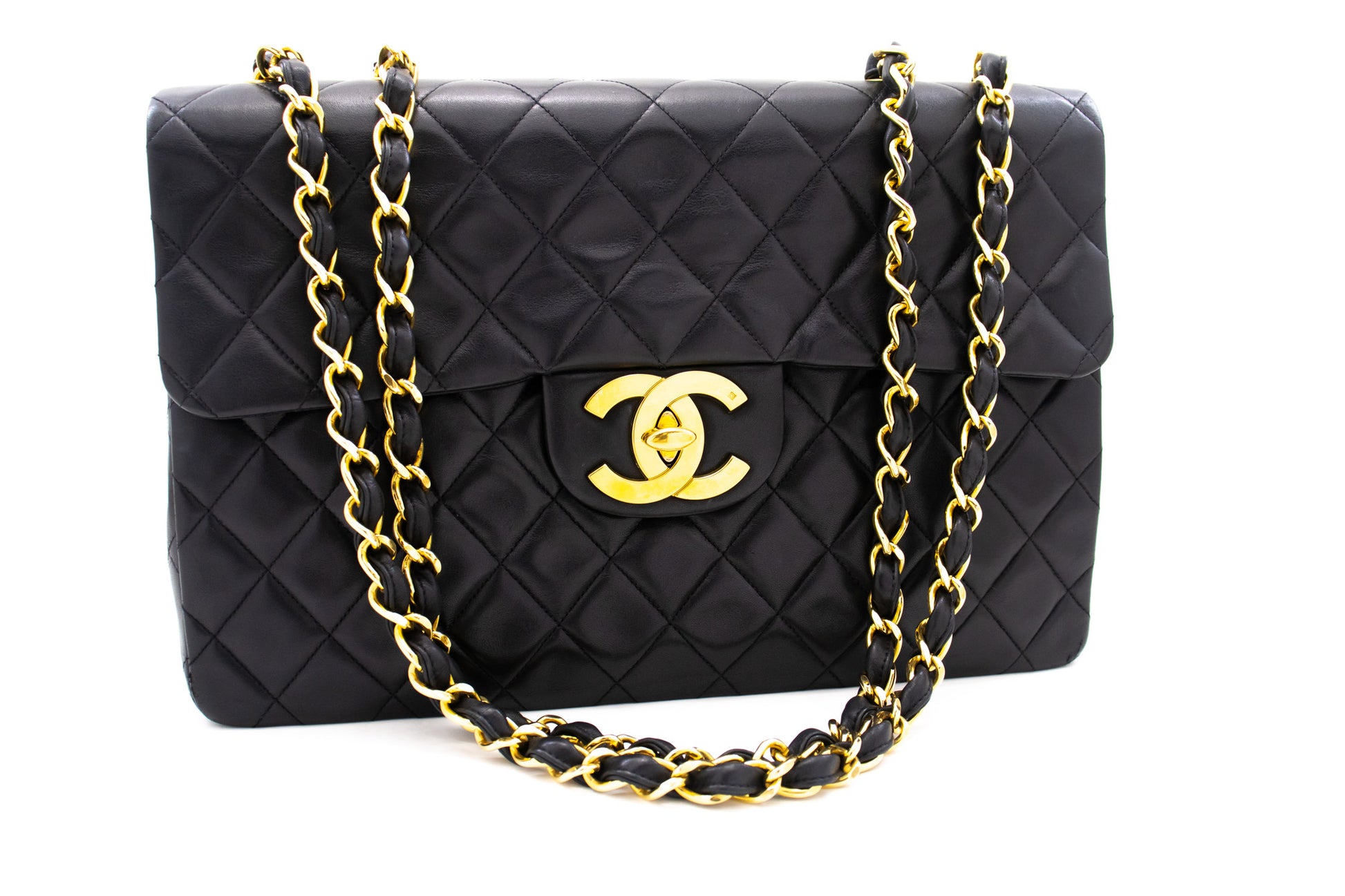 CHANEL Classic Large 13" Flap Chain Shoulder Bag Black Lambskin j74 hannari-shop