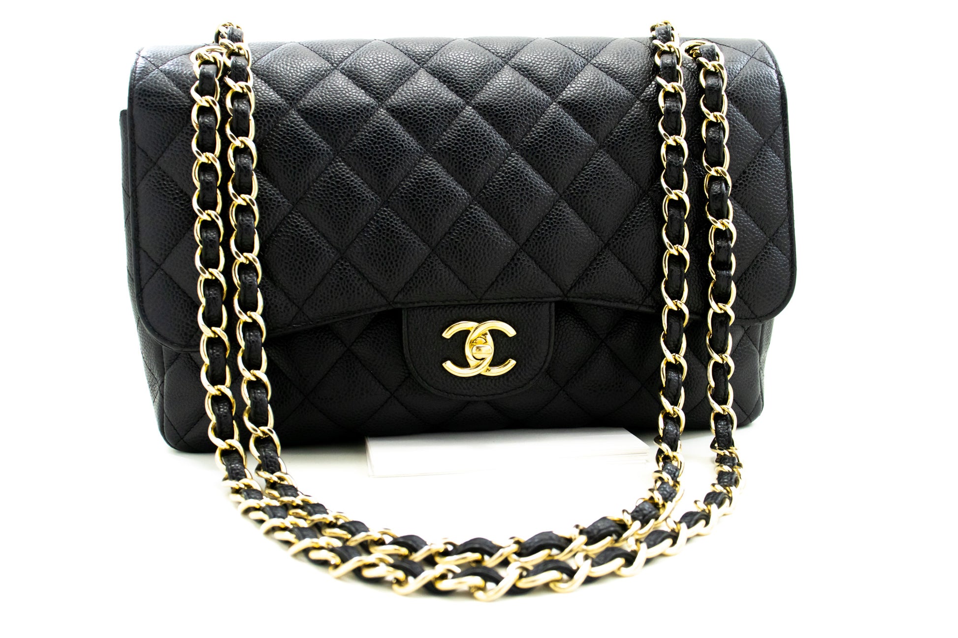 CHANEL Classic Large 11" Chain Shoulder Bag W Flap Black Caviar L66 hannari-shop
