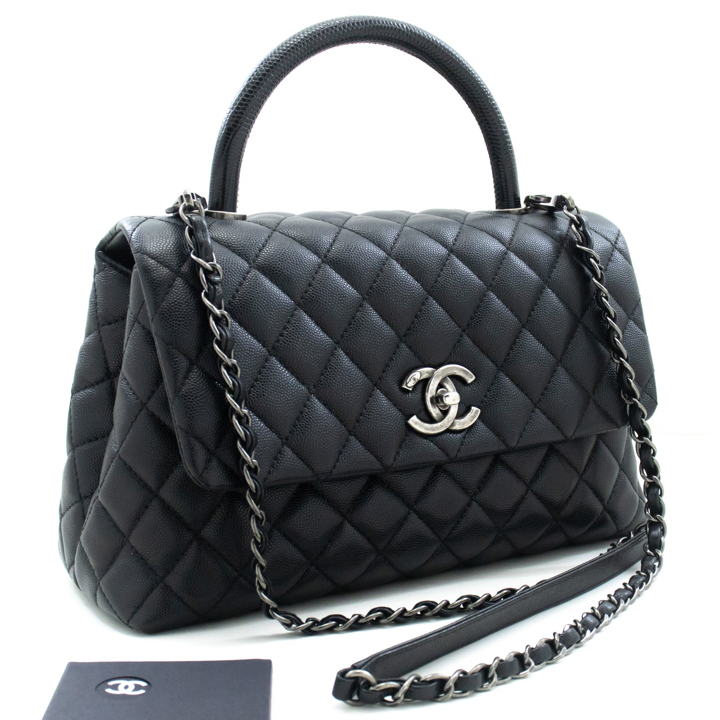 CHANEL 2 Way Top Handle Handbag Shoulder Bag Black Caviar Leather L52 hannari-shop