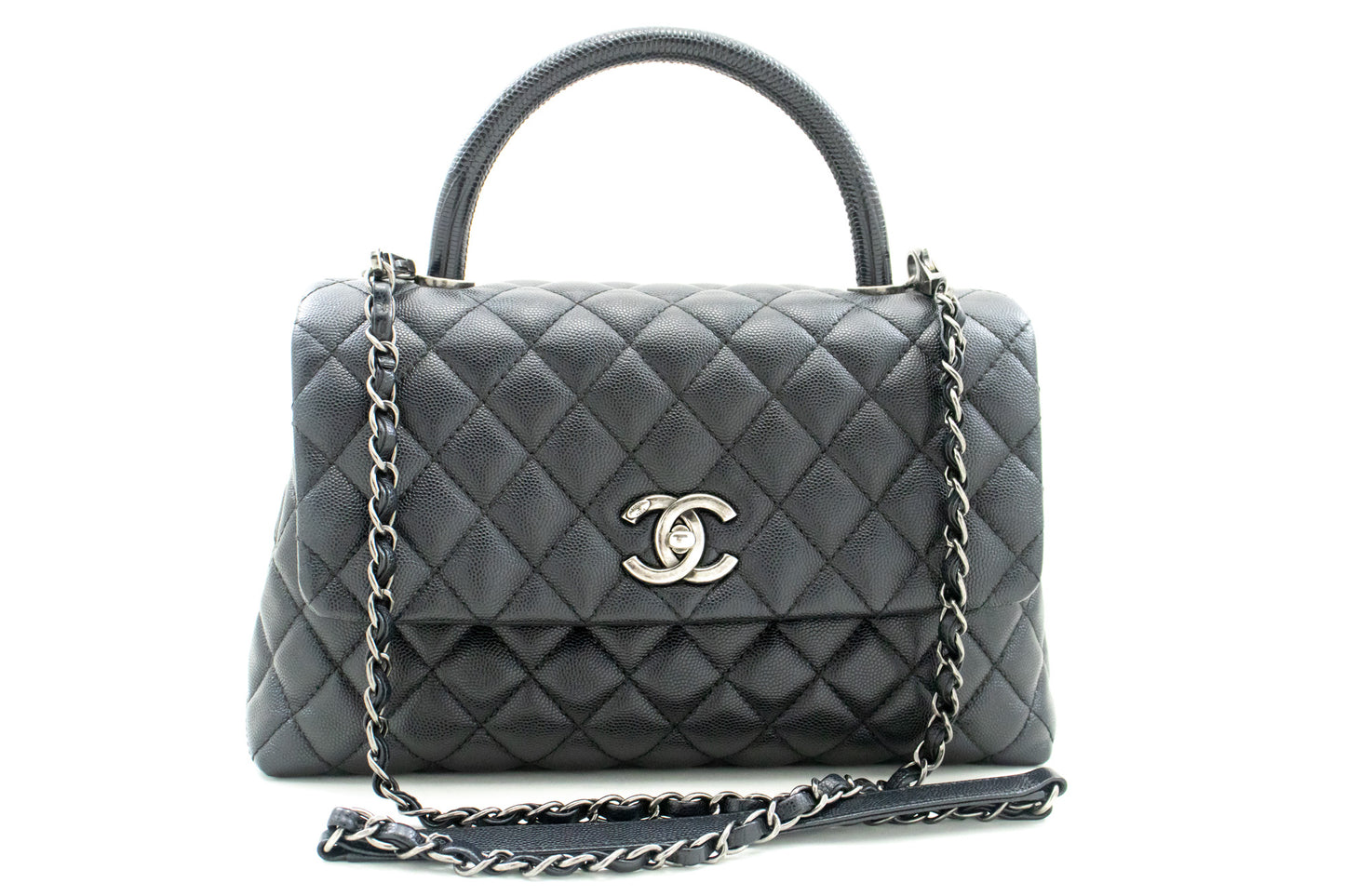 CHANEL 2 Way Top Handle Handbag Shoulder Bag Black Caviar Leather L52 hannari-shop