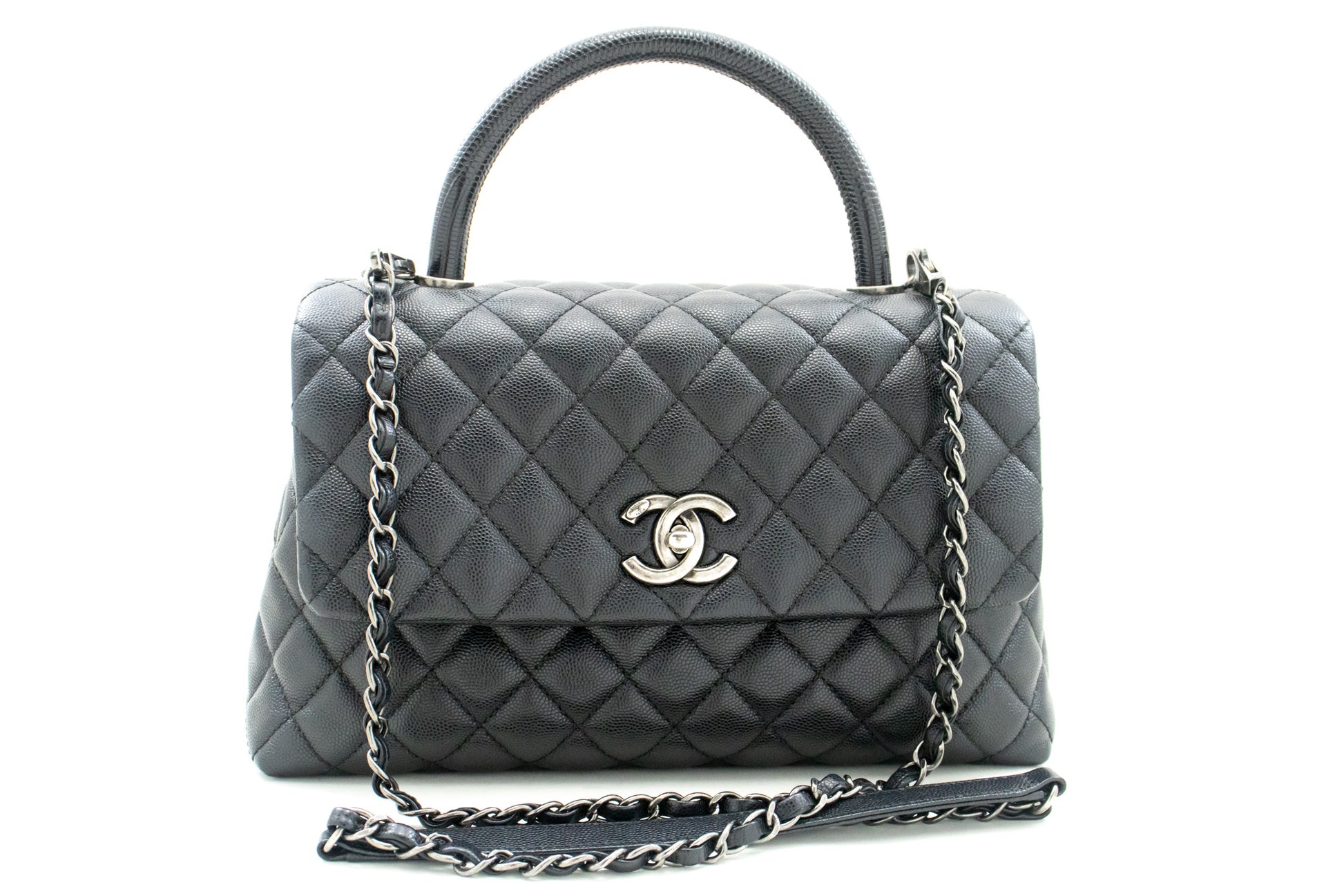 CHANEL 2 Way Top Handle Handbag Shoulder Bag Black Caviar Leather L52 hannari-shop