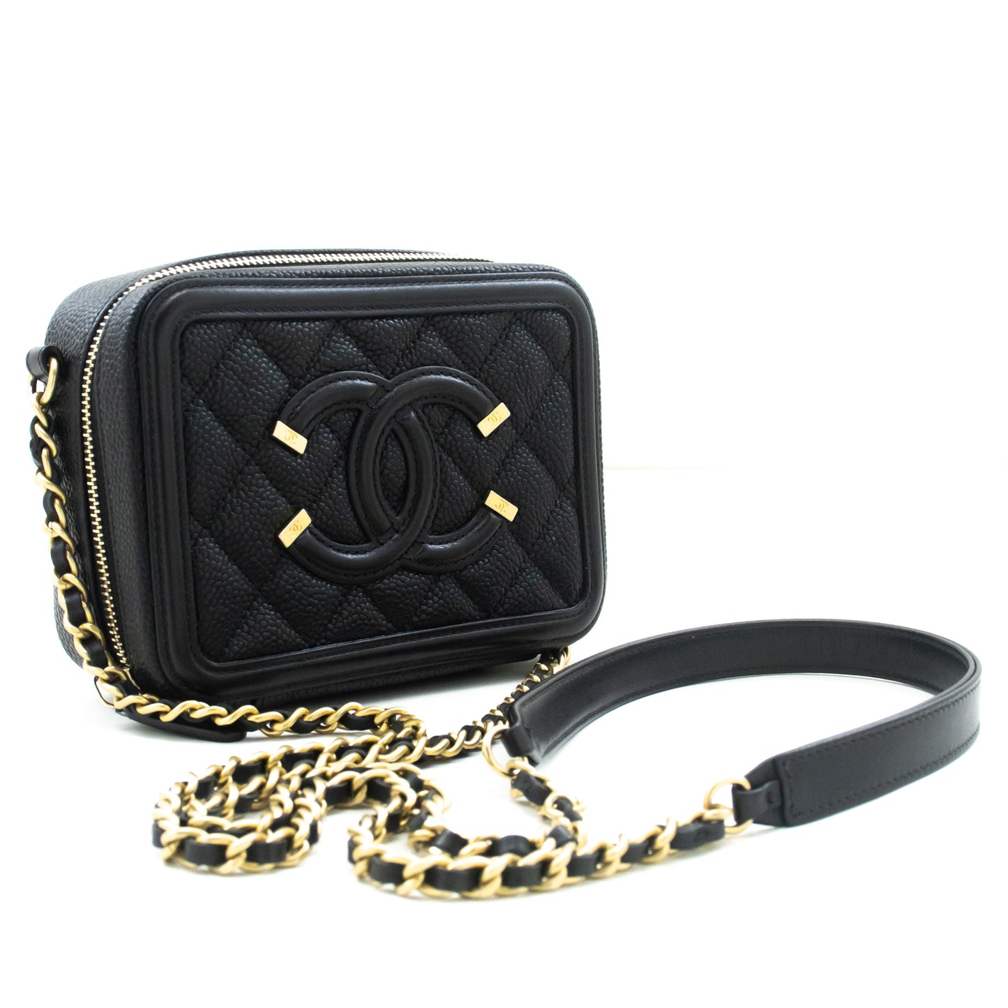 CHANEL Micro Caviar Grained Calfskin Chain Shoulder Bag Black Zip L82 hannari-shop