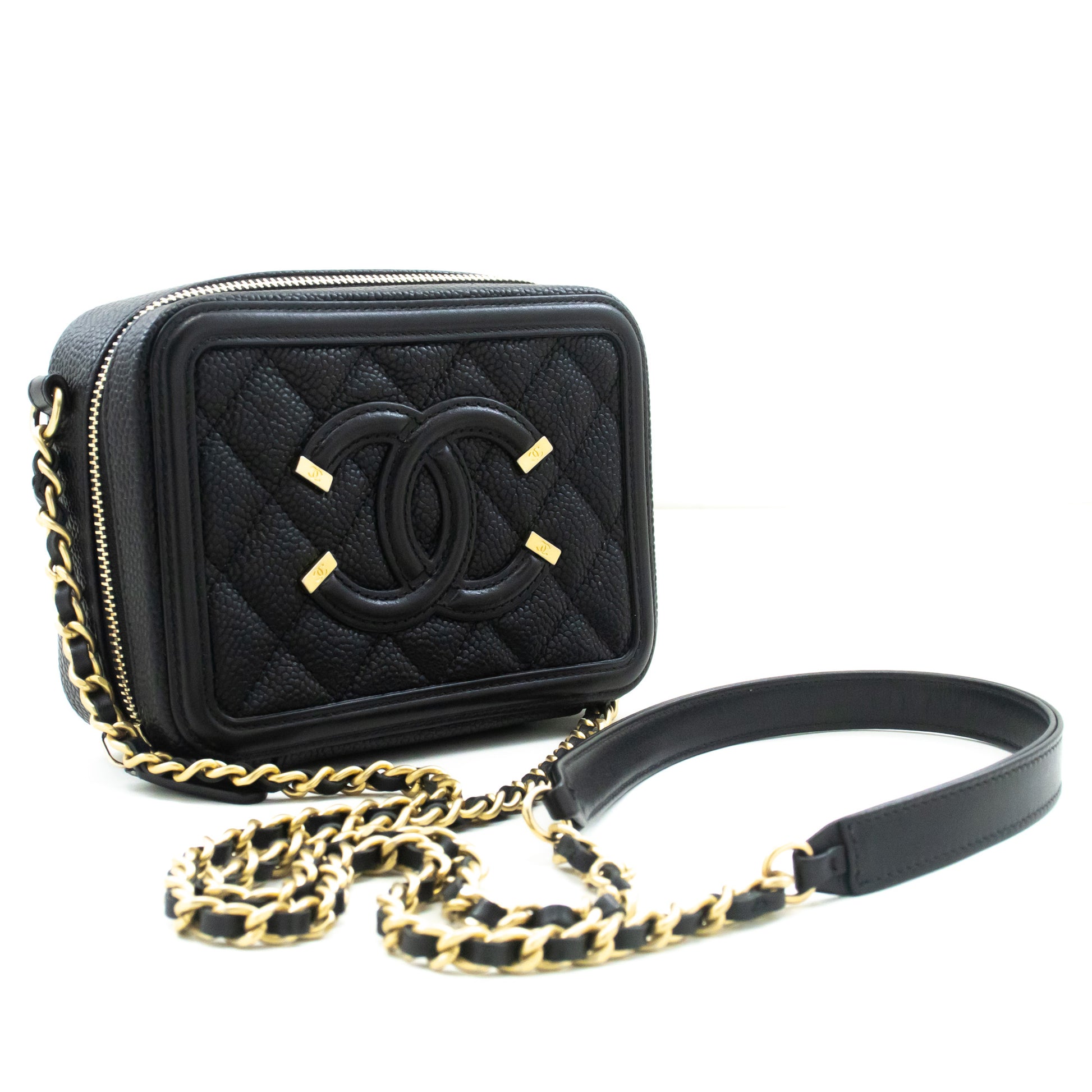 CHANEL Micro Caviar Grained Calfskin Chain Shoulder Bag Black Zip L82 hannari-shop