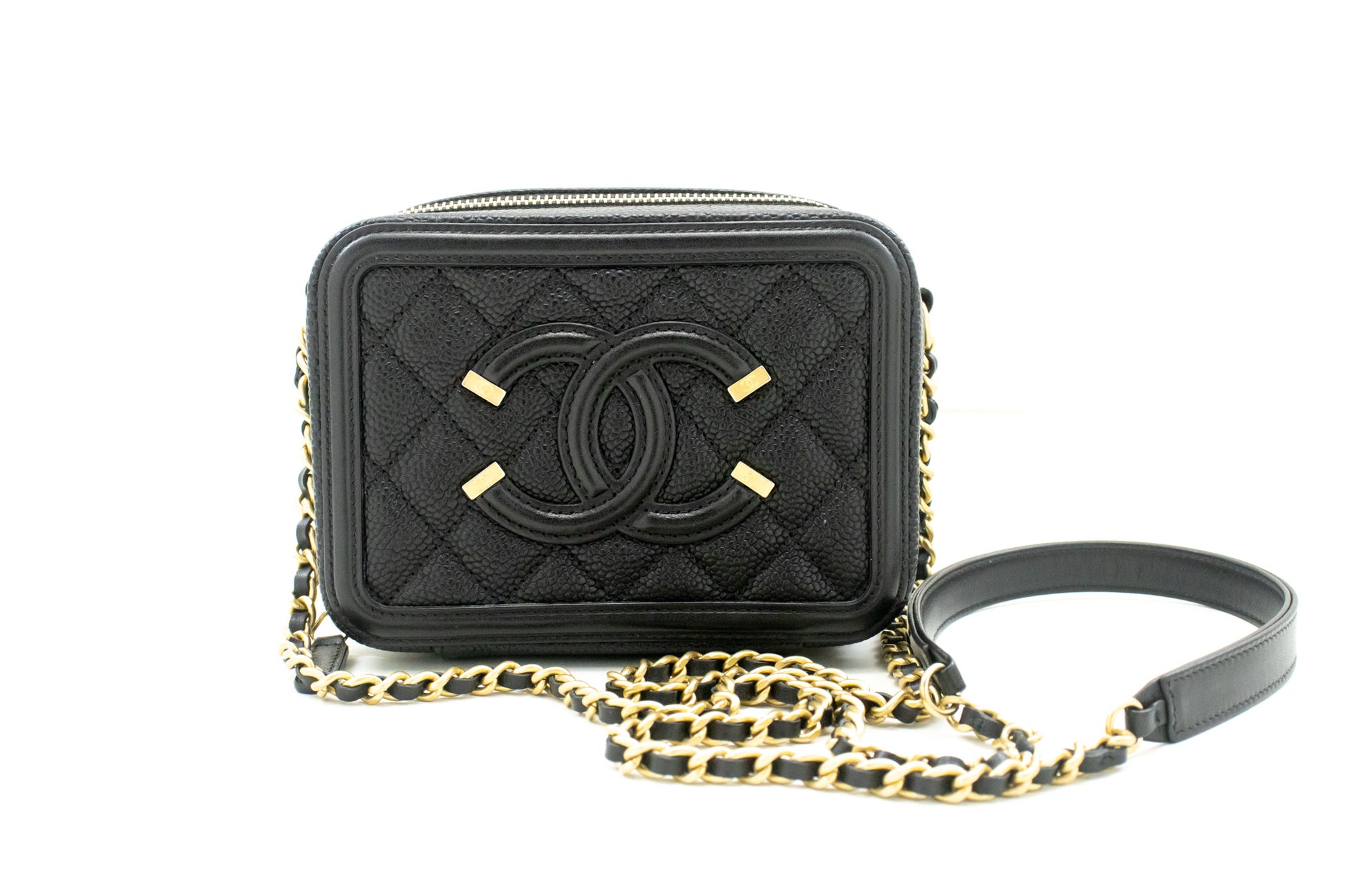 CHANEL Micro Caviar Grained Calfskin Chain Shoulder Bag Black Zip L82 hannari-shop