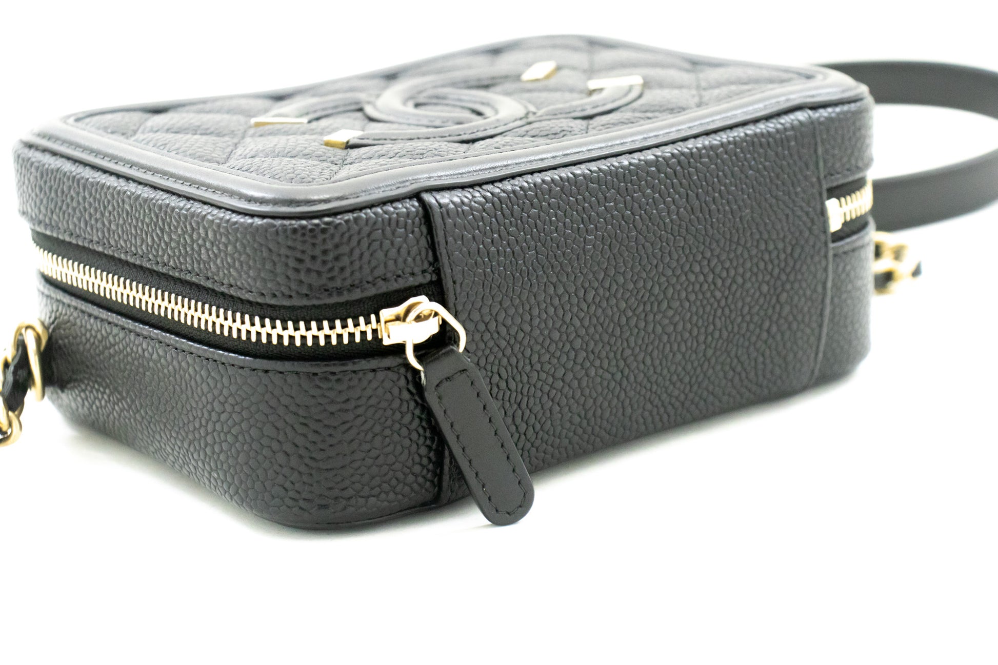 CHANEL Micro Caviar Grained Calfskin Chain Shoulder Bag Black Zip L82 hannari-shop