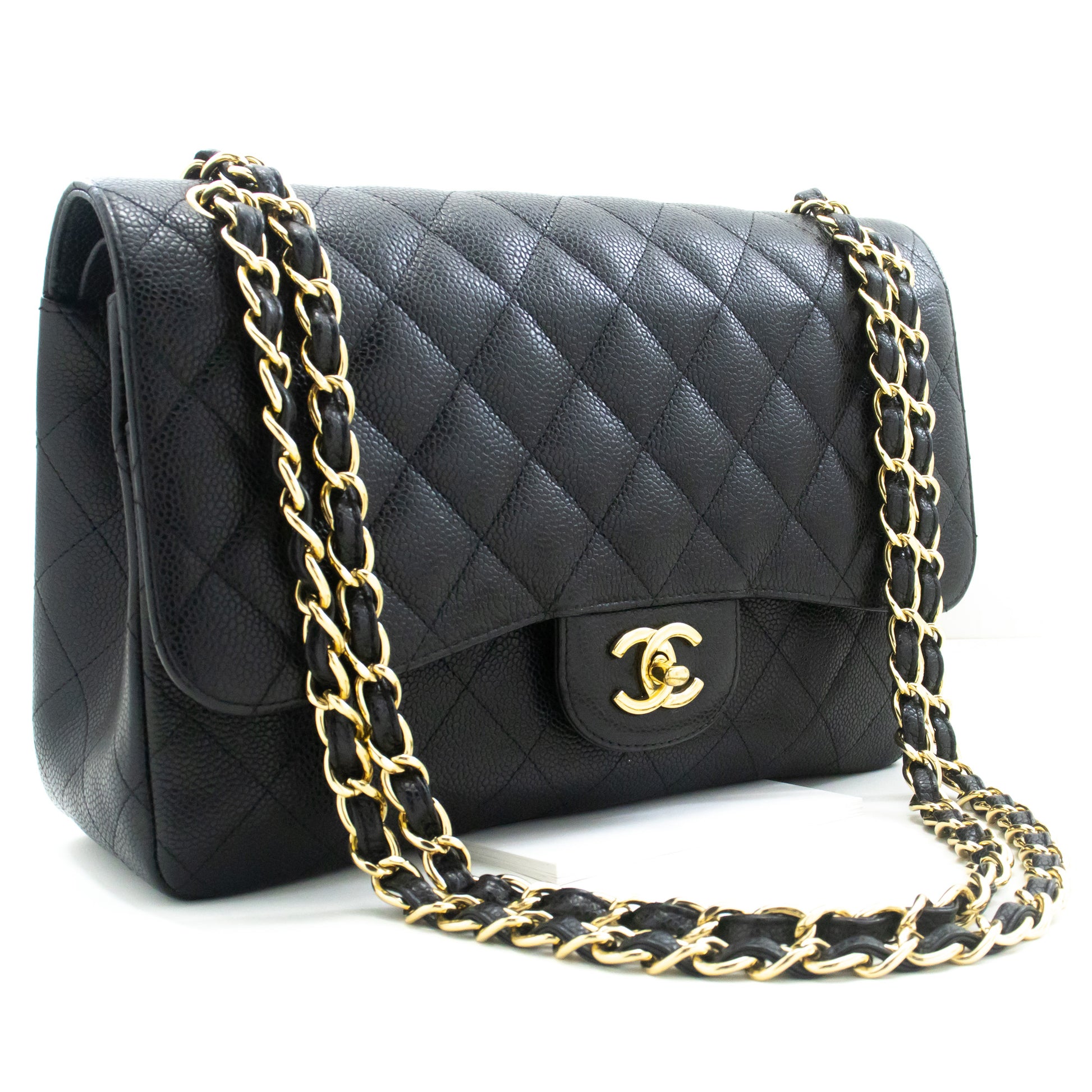 CHANEL Classic Large 11" Grained Calfskin Chain Shoulder Bag Black L65 hannari-shop