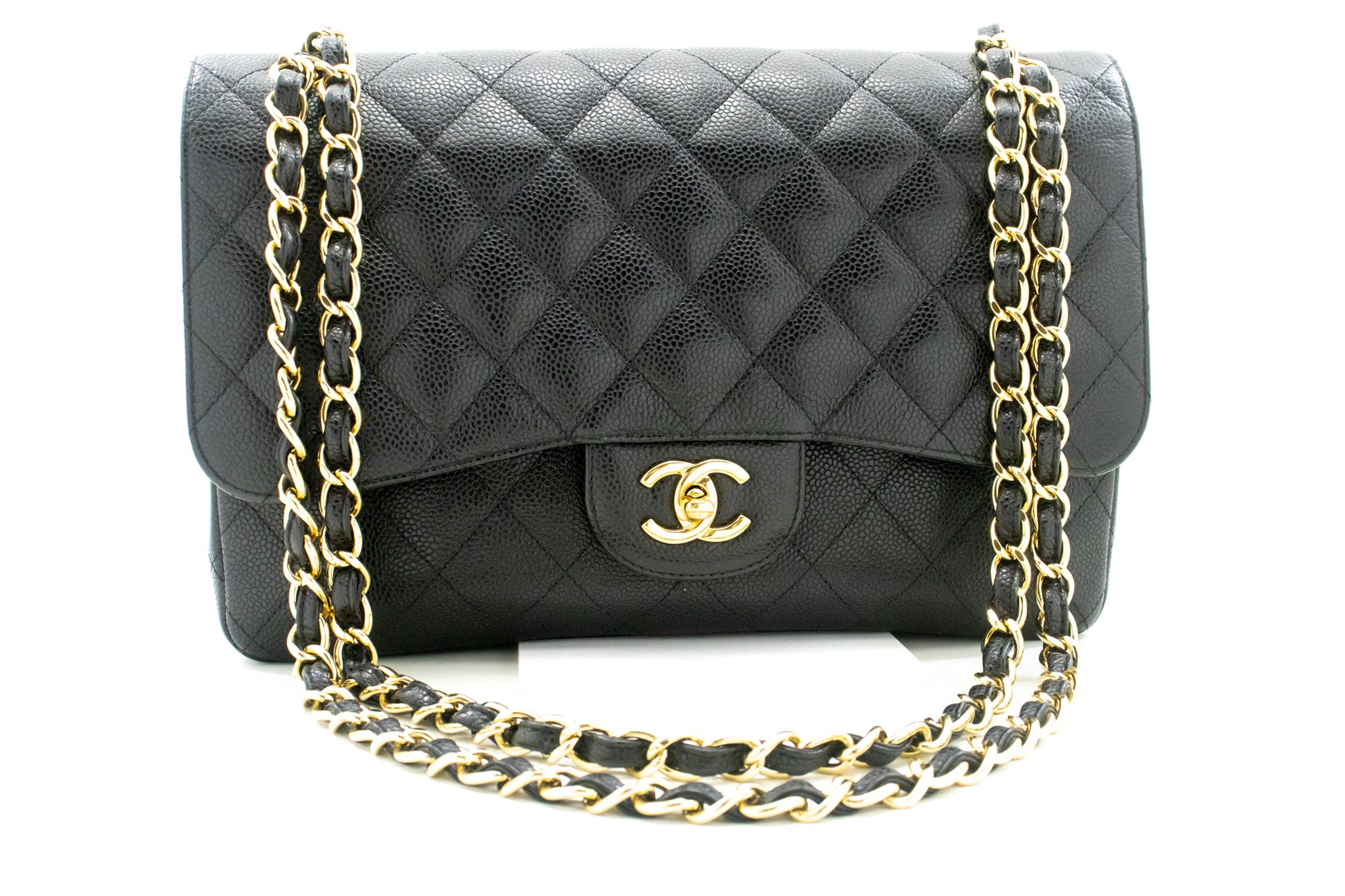 CHANEL Classic Large 11" Grained Calfskin Chain Shoulder Bag Black L65 hannari-shop