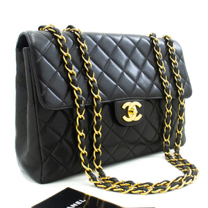 CHANEL Classic Large 11" Chain Shoulder Bag Flap Black Lambskin L95 hannari-shop