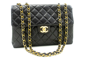 CHANEL Classic Large 11" Chain Shoulder Bag Flap Black Lambskin L95 hannari-shop