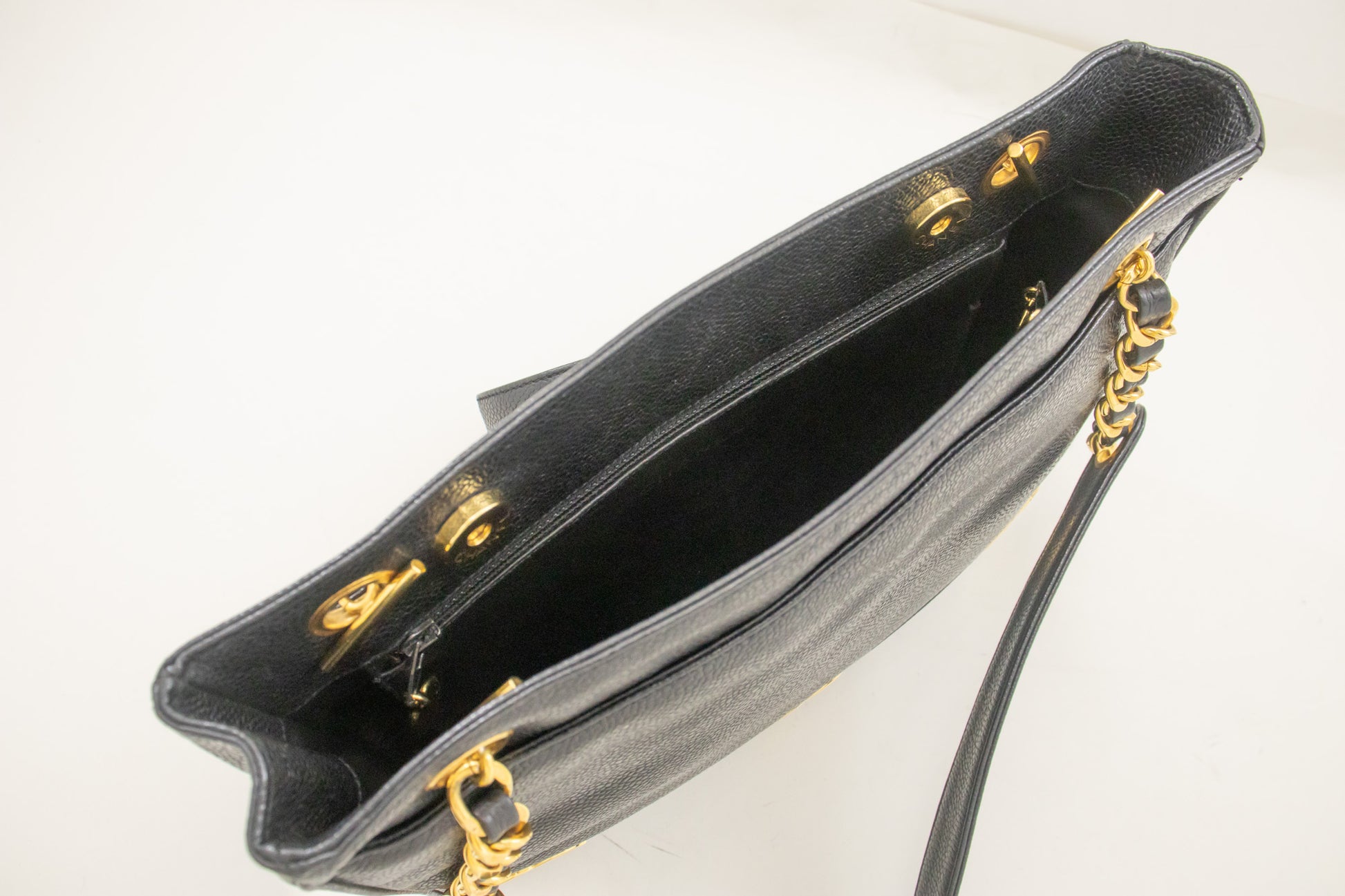 CHANEL Caviar Triple Coco Chain Shoulder Bag Black Leather Gold m25 hannari-shop