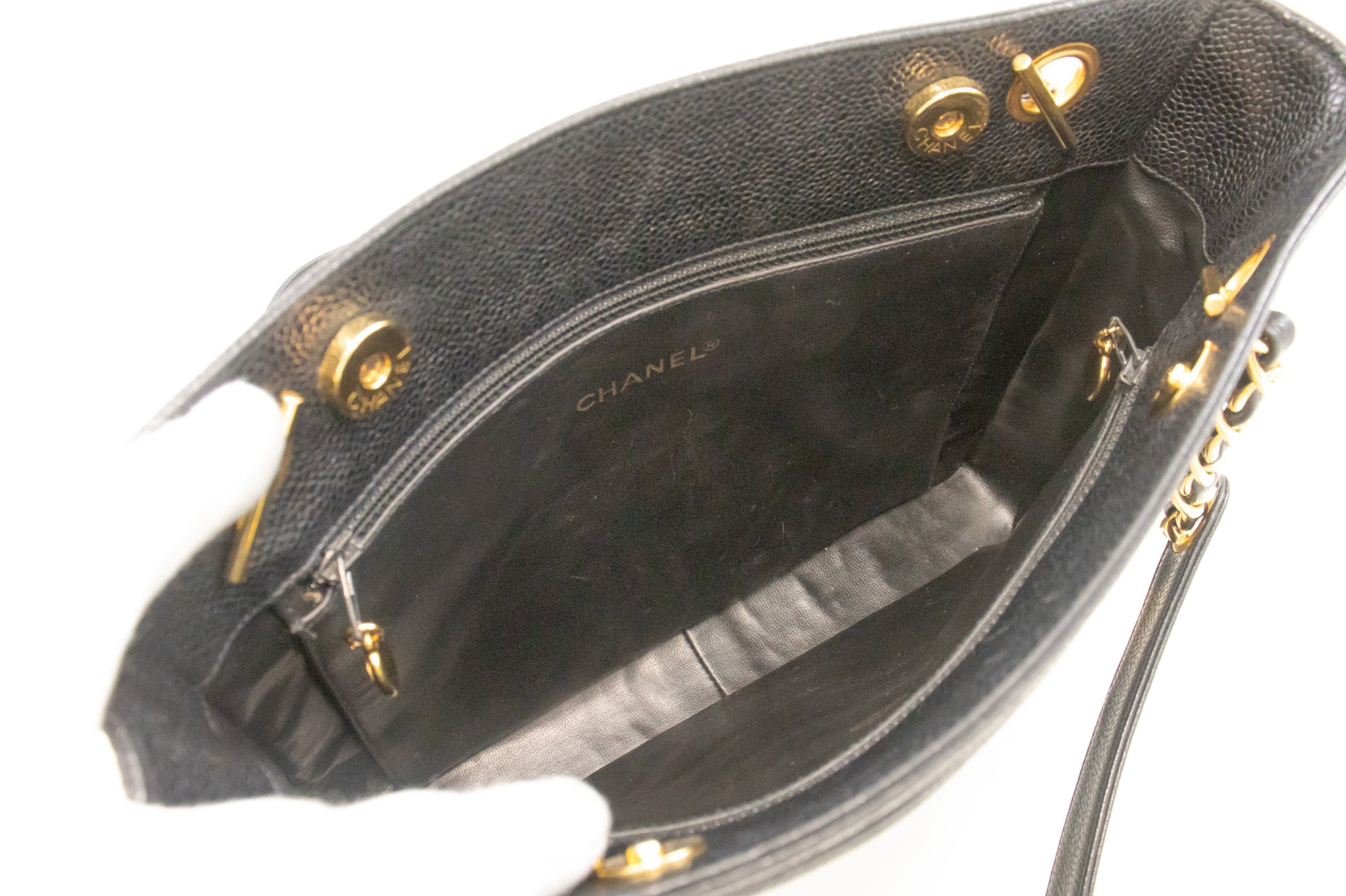 CHANEL Caviar Triple Coco Chain Shoulder Bag Black Leather Gold m25 hannari-shop