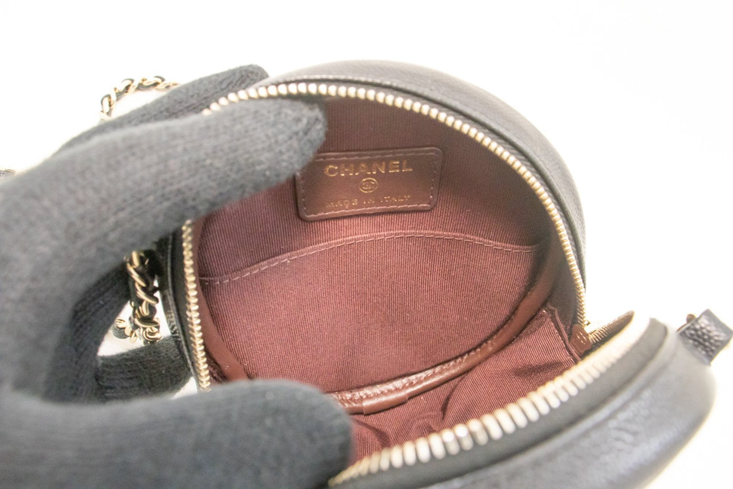 CHANEL Round Zip Caviar Small Chain Shoulder Bag Black Quilted m55 hannari-shop