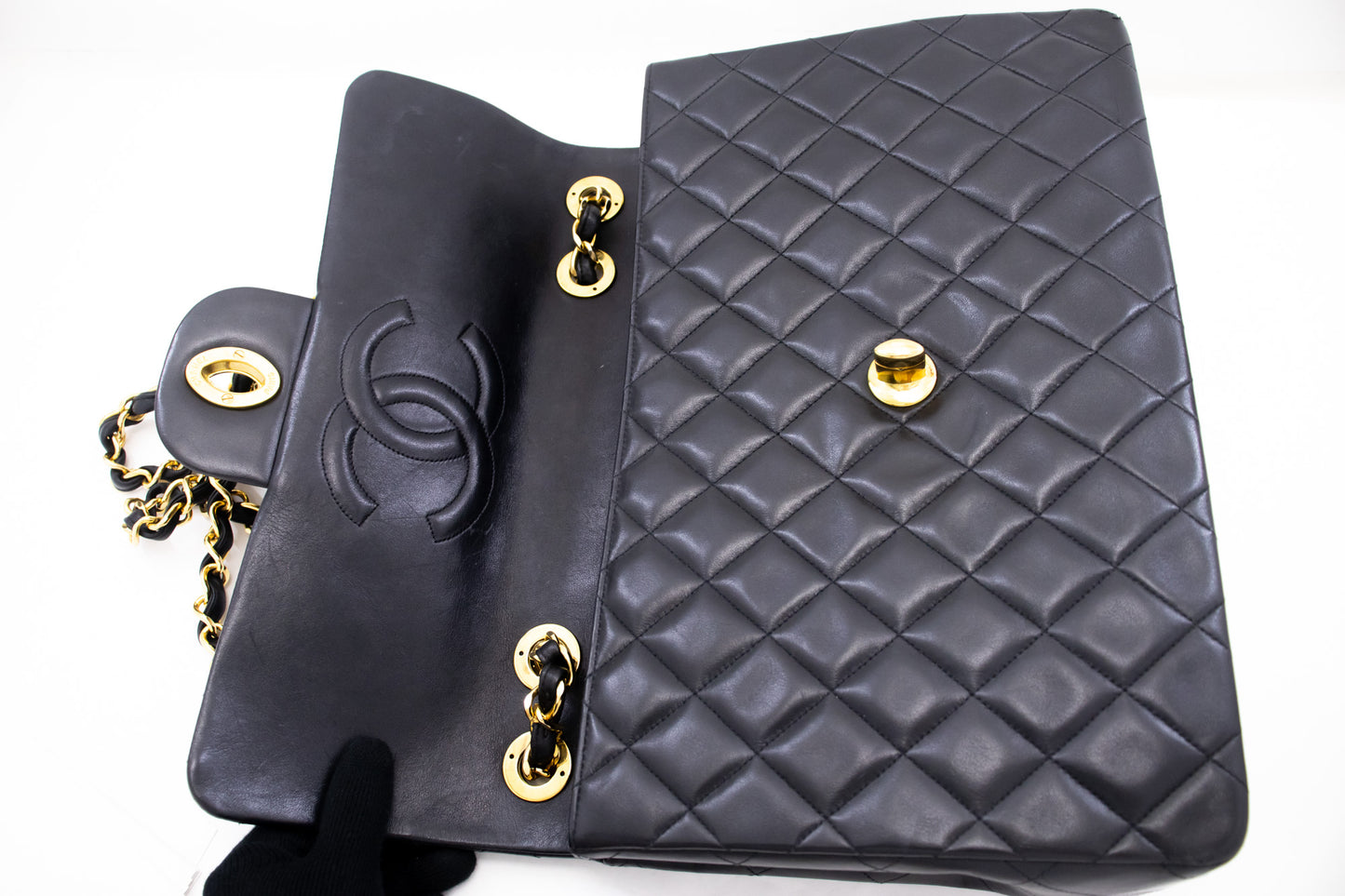 CHANEL Classic Large 13" Flap Chain Shoulder Bag Black Lambskin j74 hannari-shop