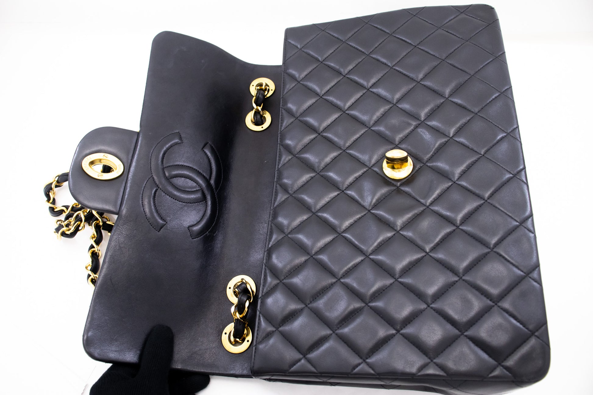 CHANEL Classic Large 13" Flap Chain Shoulder Bag Black Lambskin j74 hannari-shop