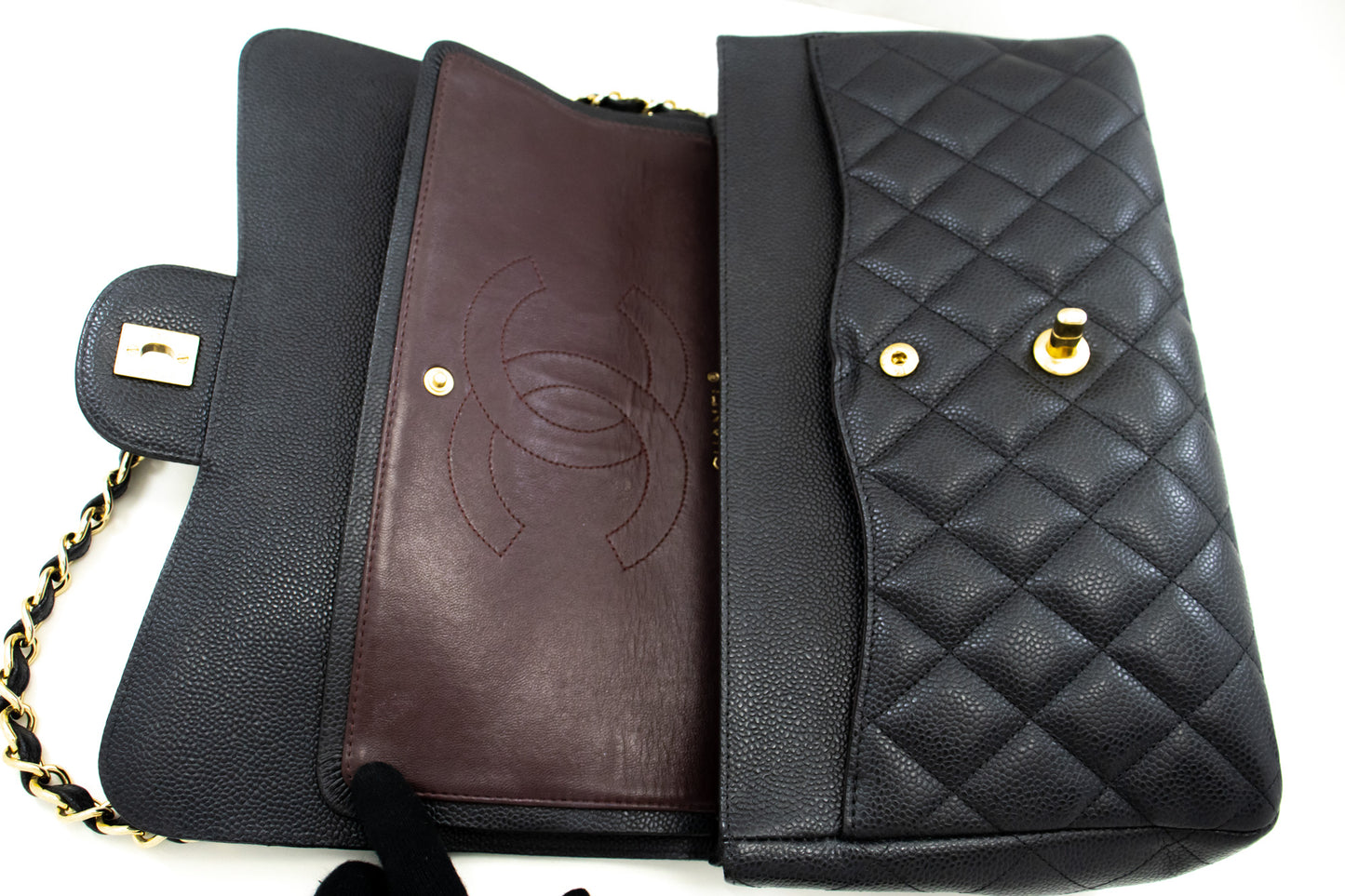 CHANEL Classic Large 11" Chain Shoulder Bag W Flap Black Caviar L66 hannari-shop