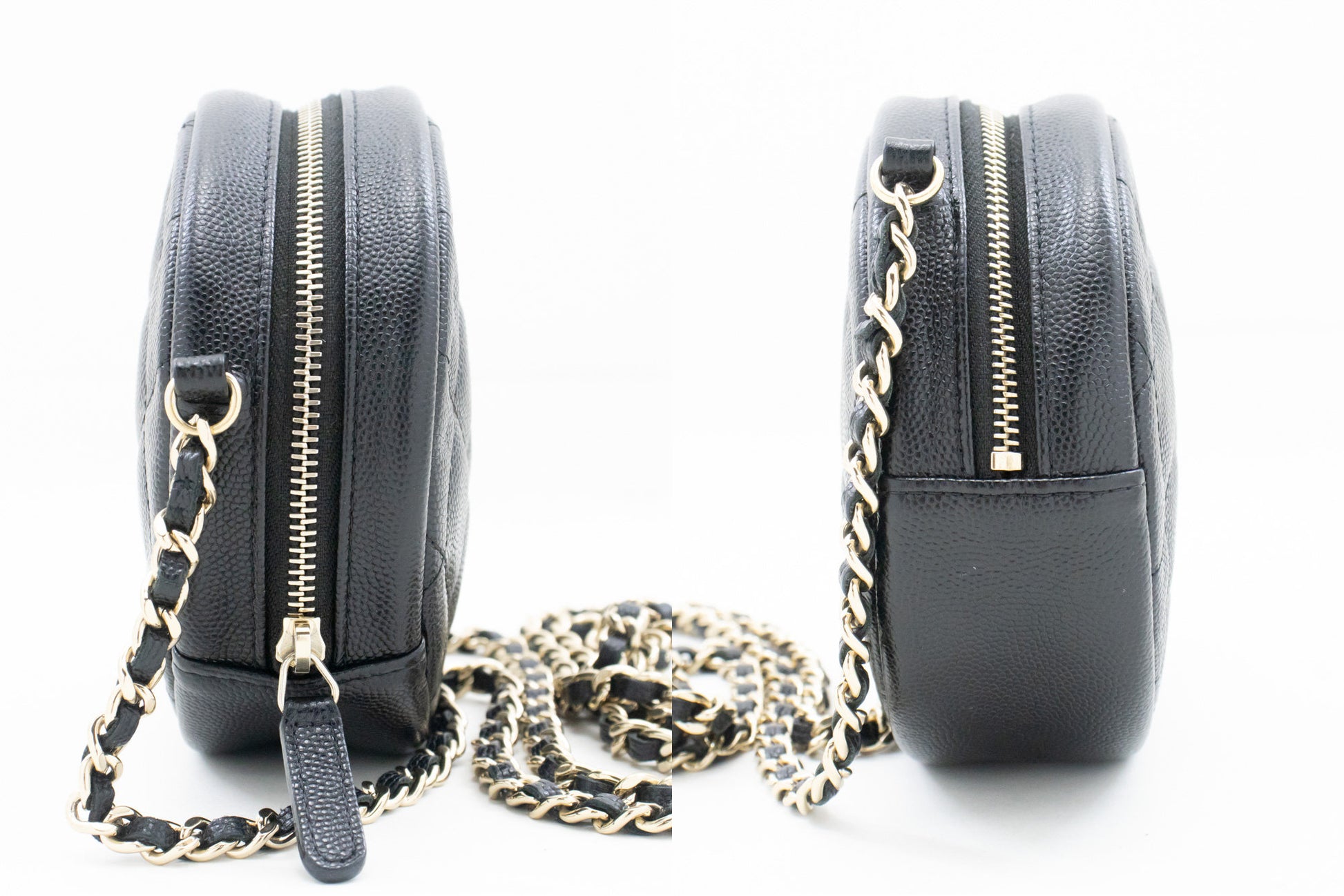 CHANEL Round Zip Caviar Small Chain Shoulder Bag Black Quilted m55 hannari-shop
