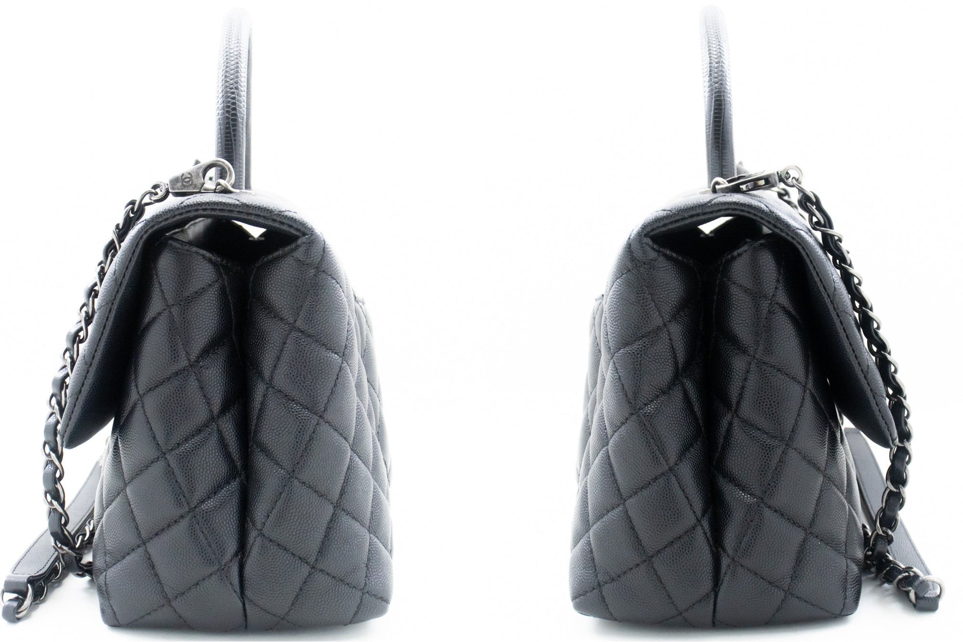 CHANEL 2 Way Top Handle Handbag Shoulder Bag Black Caviar Leather L52 hannari-shop