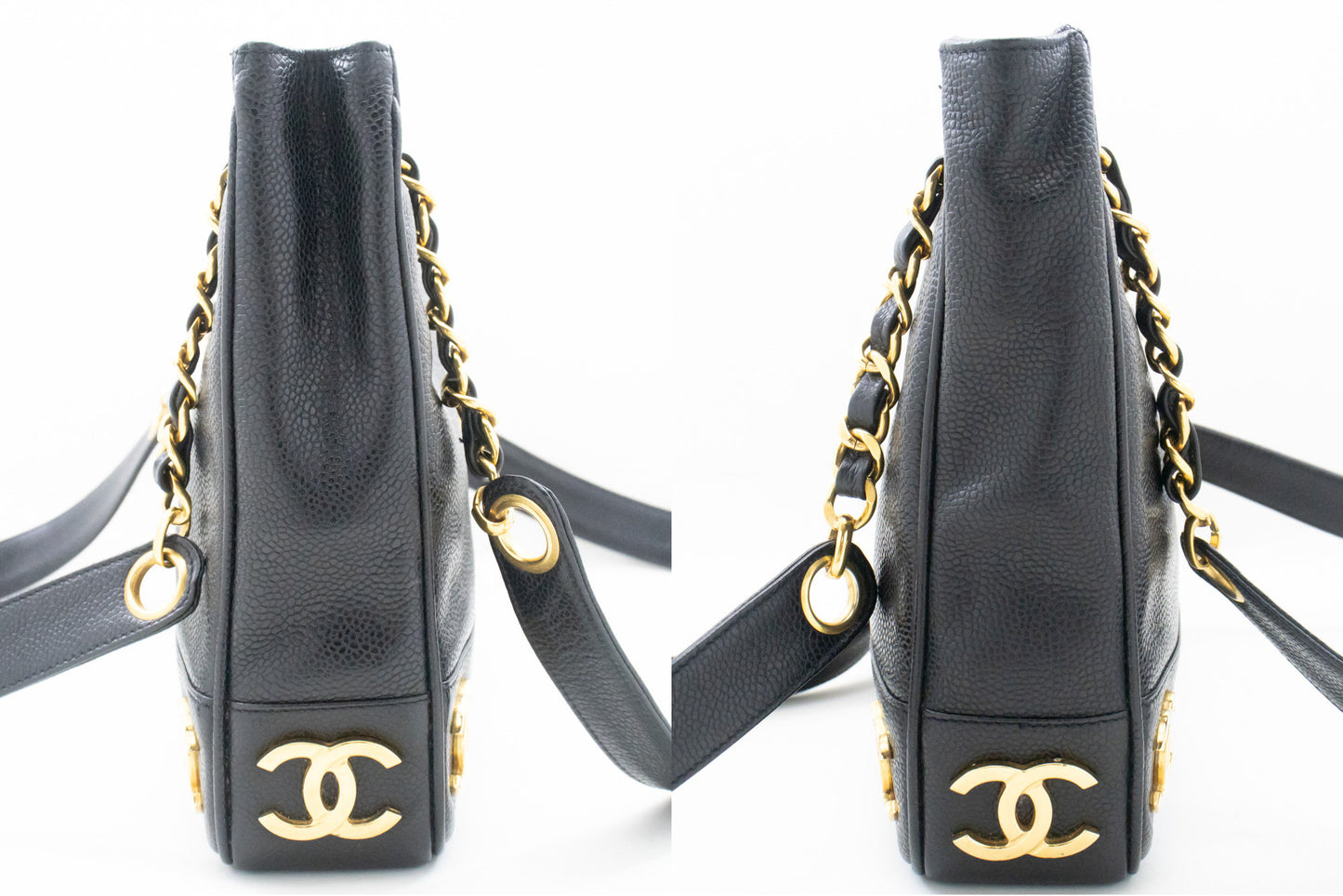 CHANEL Caviar Triple Coco Chain Shoulder Bag Black Leather Gold m25 hannari-shop