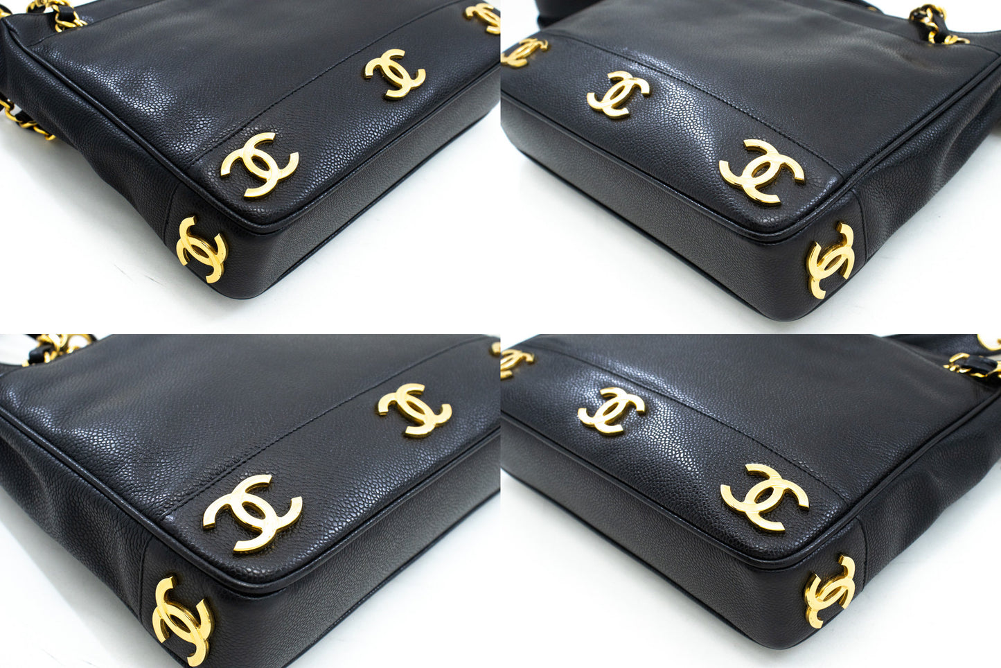CHANEL Caviar Triple Coco Chain Shoulder Bag Black Leather Gold m25 hannari-shop