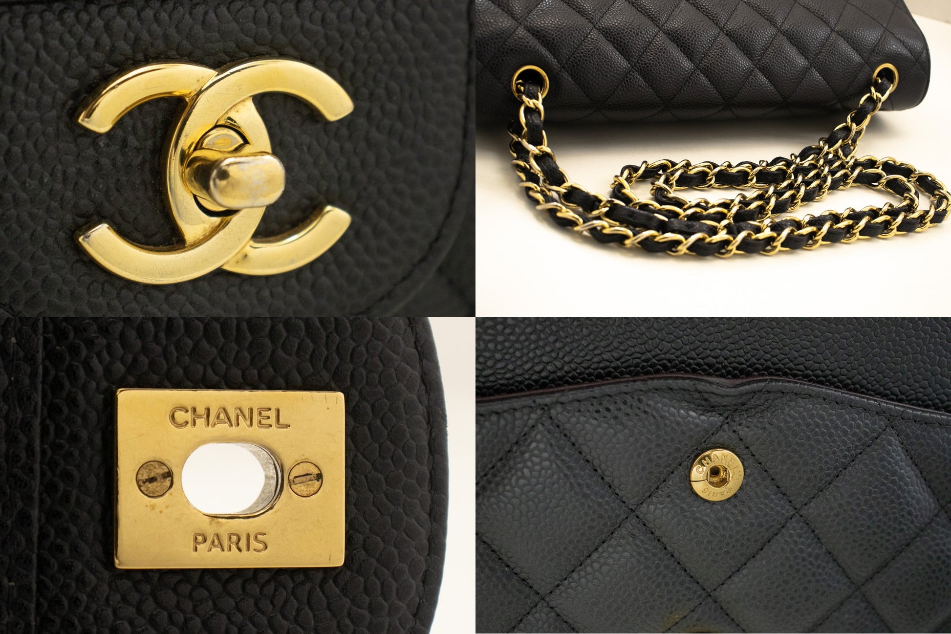 CHANEL Classic Large 11" Chain Shoulder Bag W Flap Black Caviar L66 hannari-shop