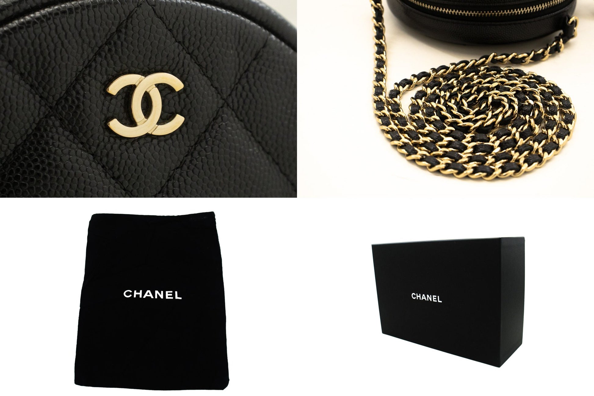 CHANEL Round Zip Caviar Small Chain Shoulder Bag Black Quilted m55 hannari-shop