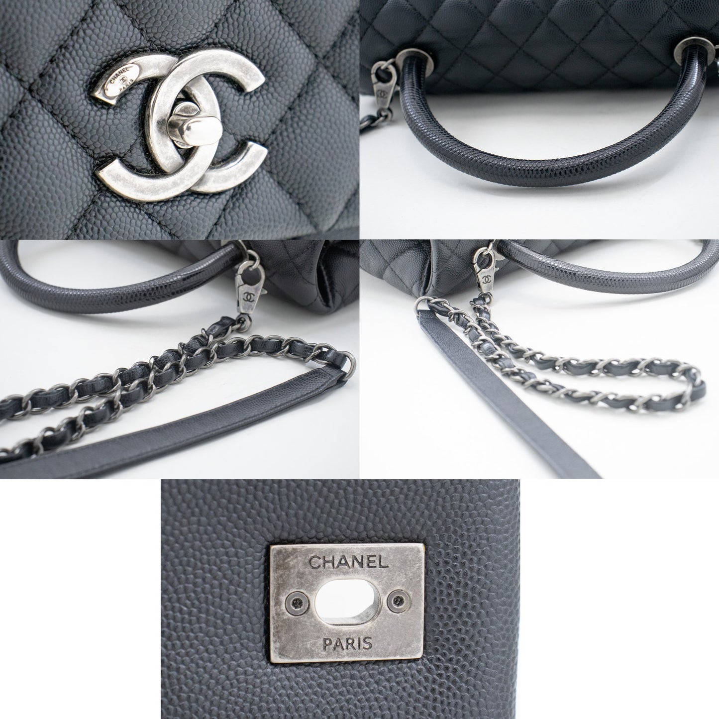 CHANEL 2 Way Top Handle Handbag Shoulder Bag Black Caviar Leather L52 hannari-shop