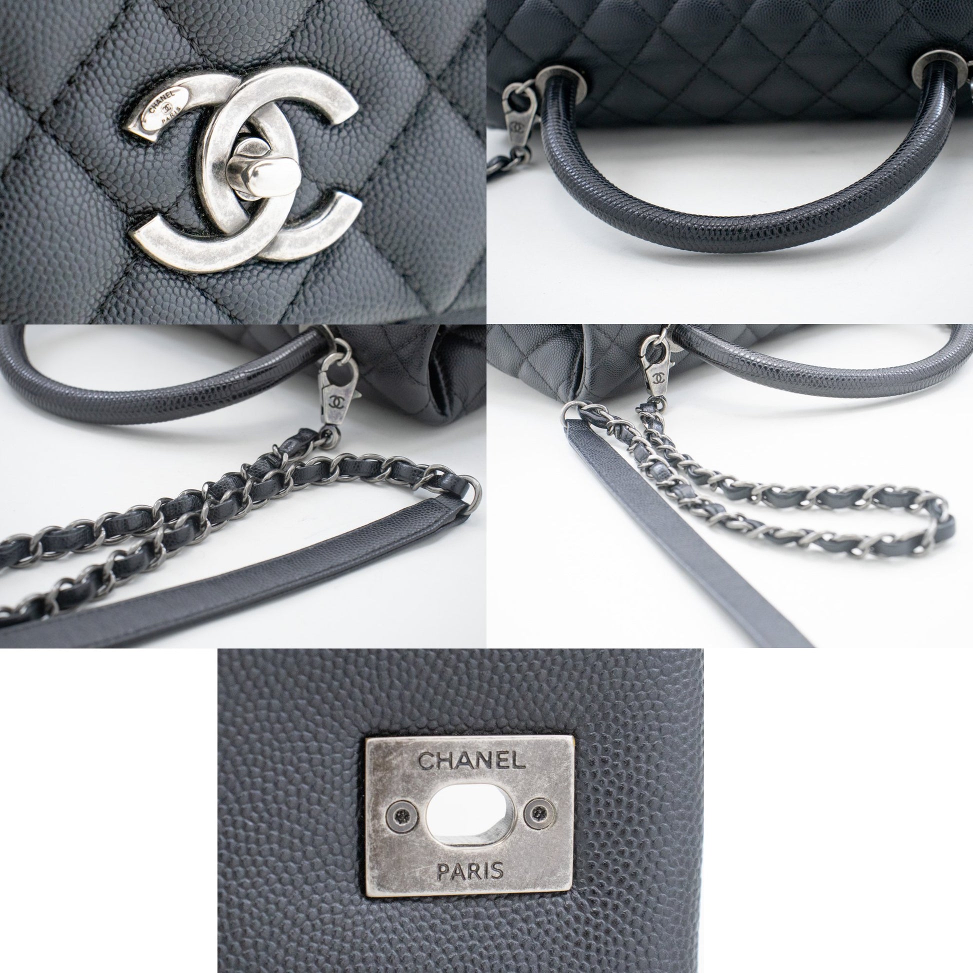 CHANEL 2 Way Top Handle Handbag Shoulder Bag Black Caviar Leather L52 hannari-shop